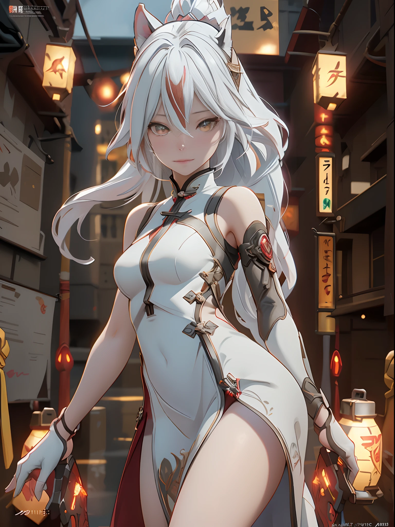 A lonely girl with long red and gray hair , yellow cat eyes , Running, Sci-Fi Chinatown , during night, Mature face with high detail, 2 short mechanical horns , Iron mask, Bare legged, bare shoulders​, White porcelain dress, whitegloves, blackboots, A high resolution, ultrasharp, 8K, Masterpiece, Smiling, 2 arms, 2 legs,10 fingers, Fantasy world, Magical glow background ((Best quality)), ((Masterpiece)), 。.3D, hdr (HighDynamicRange),Ray tracing, NVIDIA RTX, Hyper-Resolution, Unreal 5,Subsurface scattering, PBR Texture, Post-processing, Anisotropic filtering, depth of fields, Maximum clarity and sharpness, Multi-layered textures, Albedo and specular maps, Surface Coloring, Accurate simulation of light-material interaction, Perfect proportions, rendering by octane, Two-tone lighting, Wide aperture, Low ISO, White balance, Rule of thirds,8K raw data, Aura, Masterpiece, Best quality, Mysterious Expression, Magic effects，Such as sparks or energy, flowing robes or enchanting attire, Mechanical creatures or mysterious backgrounds, rim lit, Side lighting, Cinematic light, 超A high resolution, 8K  UHD, filmgrain, Best shadow, Delicate, primitive, Light particles, Detailed skin texture, Detailed cloth texture, Beautiful face, (Masterpiece), Best quality, Expressive eyes, Perfect face, Poster cover,text, MagazineCover, Bold, attention-grabbing, title, Stylish, font, Catchy, titles, Larger, astounding, modern, Trendy, Focus, Fashion,