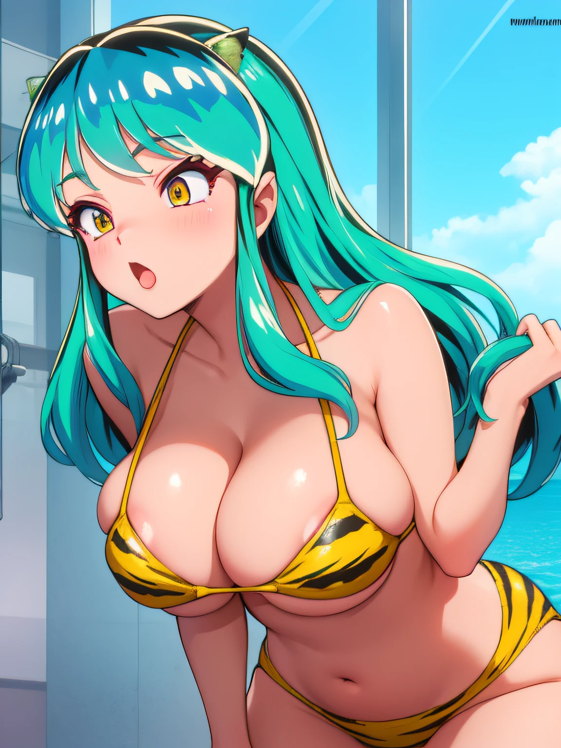 Lum invader, bikini, tiger stripe, breast feeding, blowjob, 1 boy