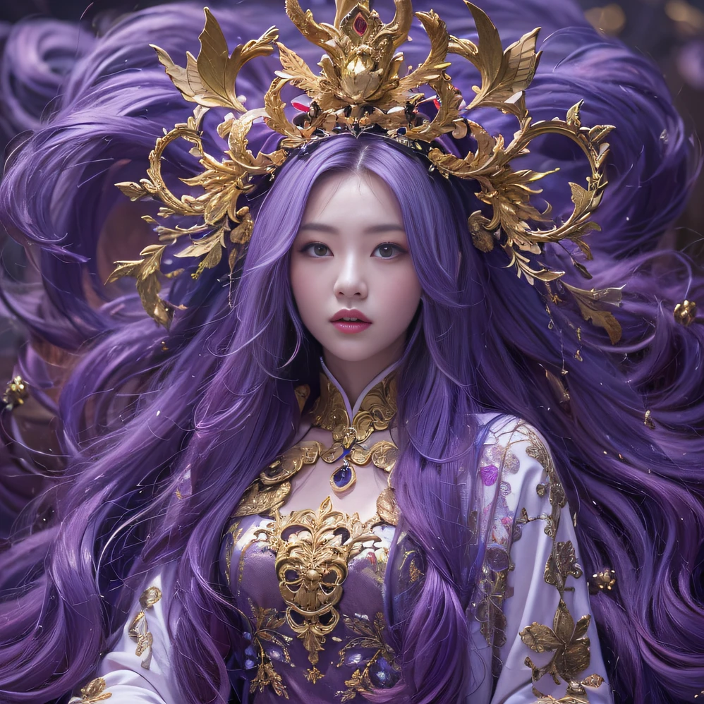 Genki Girl 32K(tmasterpiece,k hd,hyper HD,32K)Long flowing bright purple hair,Autumn Pond,zydink, a color, Asian people (Genki girl), (Silk scarf), Combat posture, looking at the ground, long whitr hair, Floating bright purple, Fire cloud pattern gold tiara, Chinese long-sleeved gold silk garment, (Abstract metaverse splash:1.2), white backgrounid,Lotus Vitality Protector(realisticlying:1.4),Bright purple hair,Smoke on the road,The background is pure, A high resolution, the detail, RAW photogr, Sharp Re, Nikon D850 Film Stock Photo by Jefferies Lee 4 Kodak Portra 400 Camera F1.6 shots, Rich colors, ultra-realistic vivid textures, Dramatic lighting, Unreal Engine Art Station Trend, cinestir 800,A girl with flowing bright purple long hair