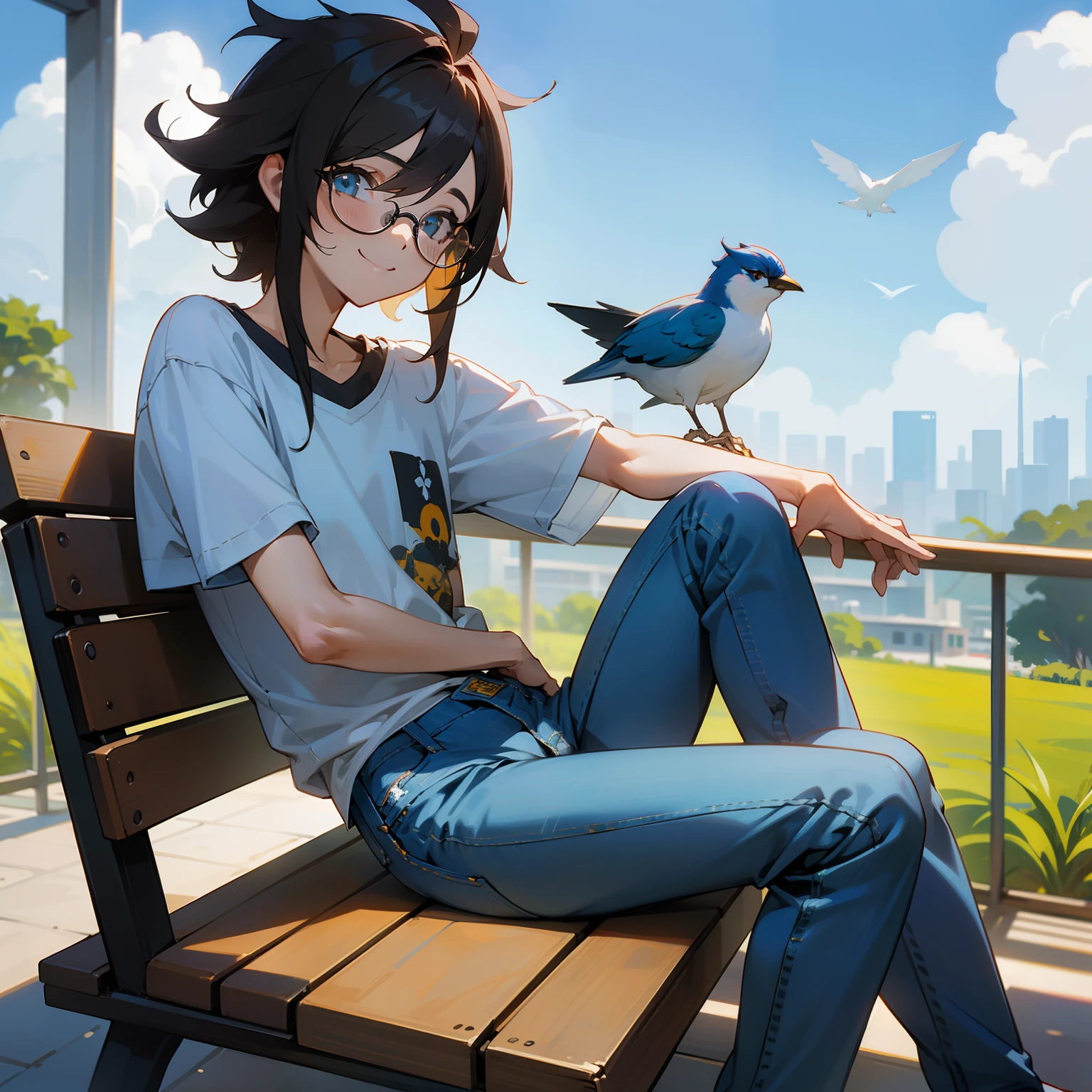 tall resolution, detalhado, obra prima, Estilo anime, 1garoto, ((sorrindo)), cabelo castanho, cabelo longo, ((messy hair)) modern glasses, olhos castanhos, roupa casual, ((camiseta xadrez)), ((Denim Jeans Pants)), parque, floresta, Sitting not bench, dia ensolarado, blue skies, brazi, Small birds