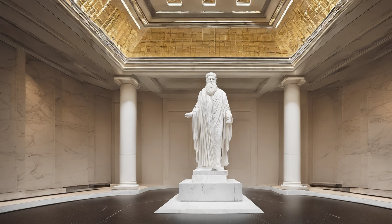 White marble statue of the bust of the wise man with the style of the bearded Greek philosopher in the museum. atmosfera escura, alto contraste de luz e sombra, fotografia profissional, utrarealista, light volumetric, cinemactic