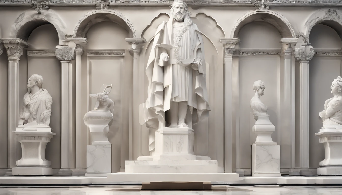 White marble statue of the bust of the wise man with the style of the bearded Greek philosopher in the museum. atmosfera escura, alto contraste de luz e sombra, fotografia profissional, utrarealista, light volumetric, cinemactic