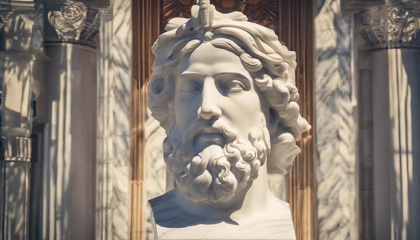 White marble statue of the bust of the wise man with the style of the bearded Greek philosopher in the museum. atmosfera escura, alto contraste de luz e sombra, fotografia profissional, utrarealista, light volumetric, cinemactic