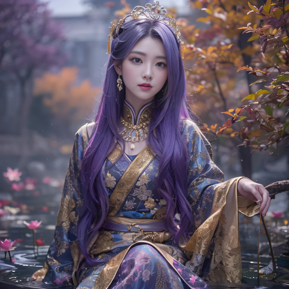 Genki Girl 32K（tmasterpiece，k hd，hyper HD，32K）Long flowing bright purple hair，Autumn Pond，zydink， a color，  Asian people （Genki girl）， （Silk scarf）， Combat posture， looking at the ground， long whitr hair， Floating bright purple， Fire cloud pattern gold tiara， Chinese long-sleeved gold silk garment， （Abstract metaverse splash：1.2）， white backgrounid，Lotus Vitality Protector（realisticlying：1.4），Bright purple hair，Smoke on the road，The background is pure， A high resolution， the detail， RAW photogr， Sharp Re， Nikon D850 Film Stock Photo by Jefferies Lee 4 Kodak Portra 400 Camera F1.6 shots, Rich colors, ultra-realistic vivid textures, Dramatic lighting, Unreal Engine Art Station Trend, cinestir 800，A girl with flowing bright purple long hair