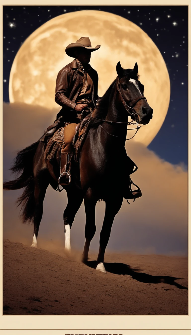 There is a man on a horse in front of a full moon, Andar a cavalo na lua, vaqueiro, Cowboy na Faixa, Back photo of a cowboy, No Velho Oeste, O Cowboy no Estranho Oeste, Velho Oeste, Lone guard, sonho de vaqueiro, quadrinhos ocidentais inspirados, lonely rider, Directed by: Cindy Wright, space western, Fotografia Moonwalker