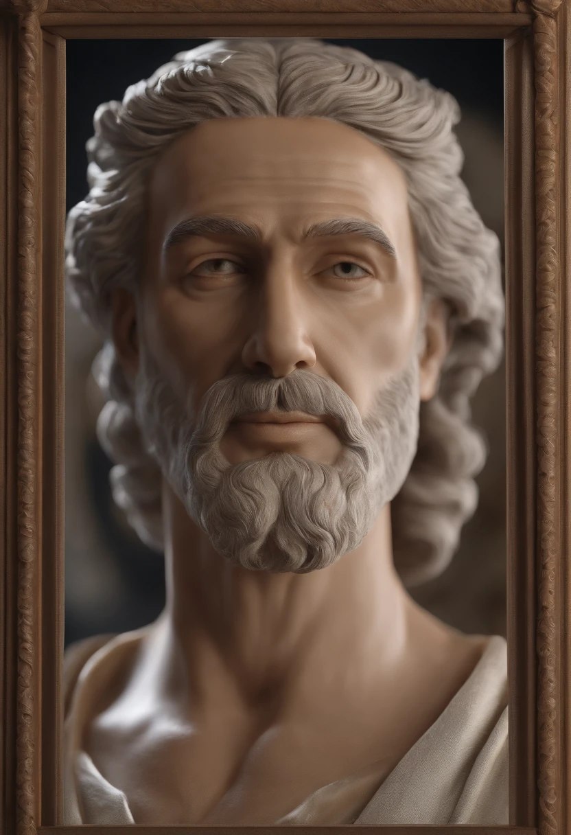 (CG de alta qualidade：1.2，rico em detalhes，8k，A high resolution) Socrates, homem, 55 anos, um pouco acima do peso, robusto, de pele morena clara, nariz chato e olhos salientes, barba espessa, vestimenta humilde, ombros largos, right hand indicator pointing forward, luz branca de poder na ponta do dedo indicador, testa proeminente e enrugada, um pouco calvo, cabelos levemente ondulados, olhos castanhos e penetrantes, sorriso no canto da boca, ring of white and transparent lights of power around the head, wears a gray woolen and worn tunic, blue skies, oliveiras, Ancient Greece, Greek Agora.