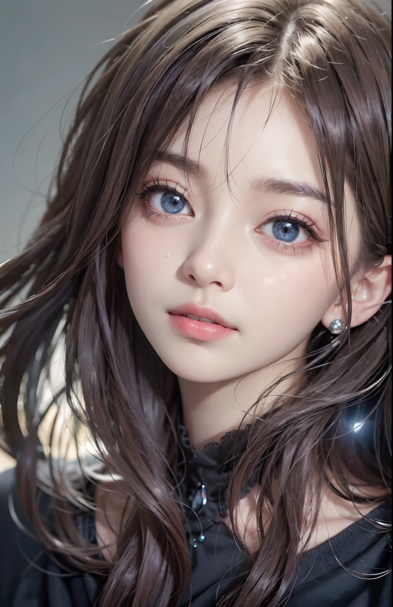 (ultra realisic), (illustratio), (Resolution Enhancement), (8K), (A highly detailed), (The best illustrations), (beautiful-detailed eyes), (Top Quality), (A highly detailed), (masterpiece), (wall paper), (Detailed face), Solo, 1 Girl, Watching the viewer, Fine details, Detailed face, Dark In, Deep Shadows, Low Key, pureerosfaceace_v1, Sorrisos, long hair, Black shawl straight hair , 46 point slanted bangs,Cry like a child.