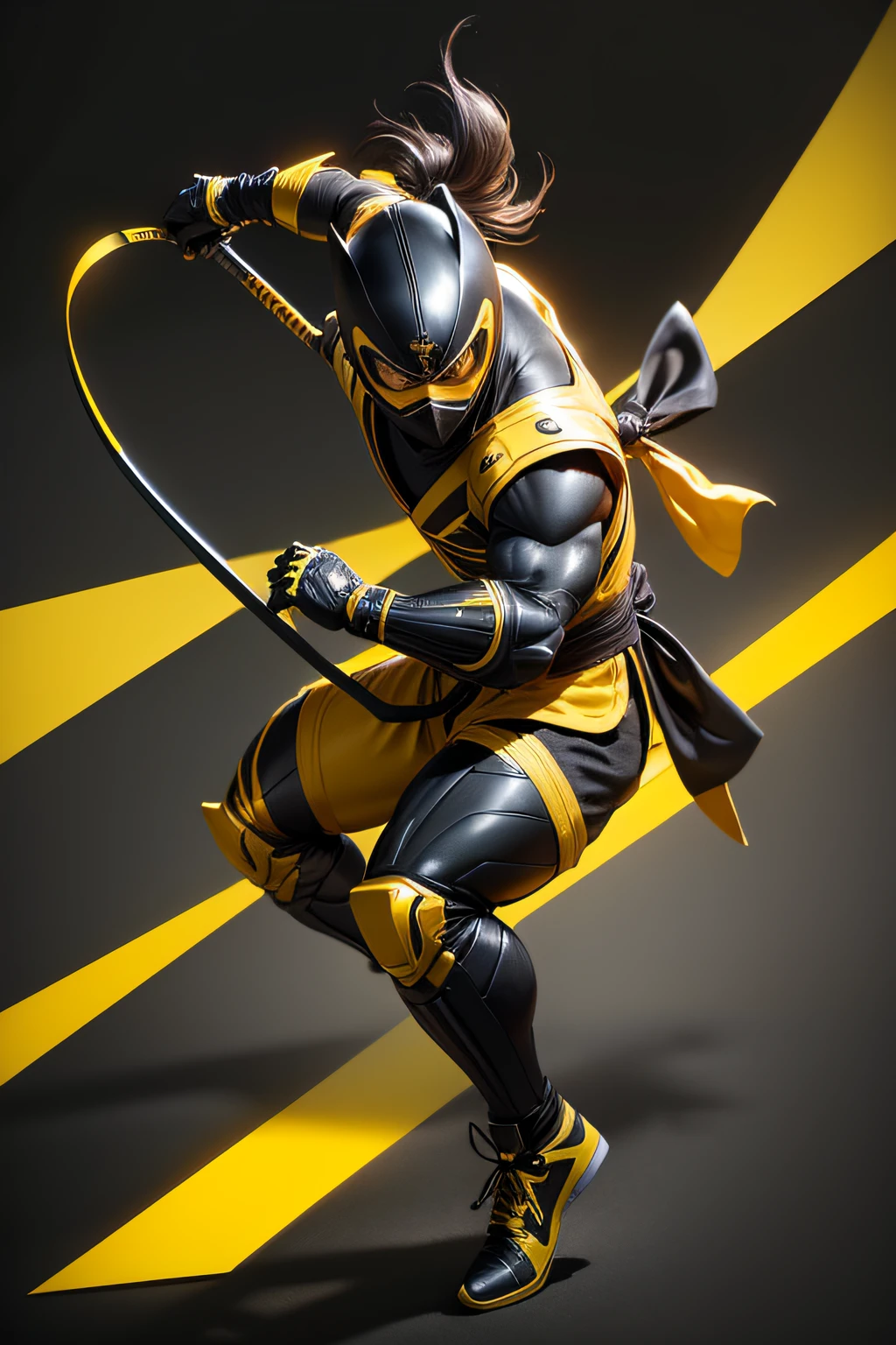 create a yellow ninja power ranger, full body , black background , holding a bow , a bit samurai theme ,