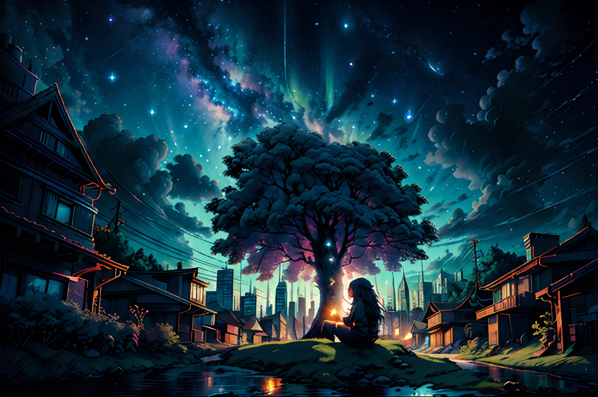 octane, sky, star (sky), landscape, starry sky, night, only child, night sky, solo, outdoor, signature, building, clouds, milky way, sitting, tree, long hair, city, silhouette, cityscape