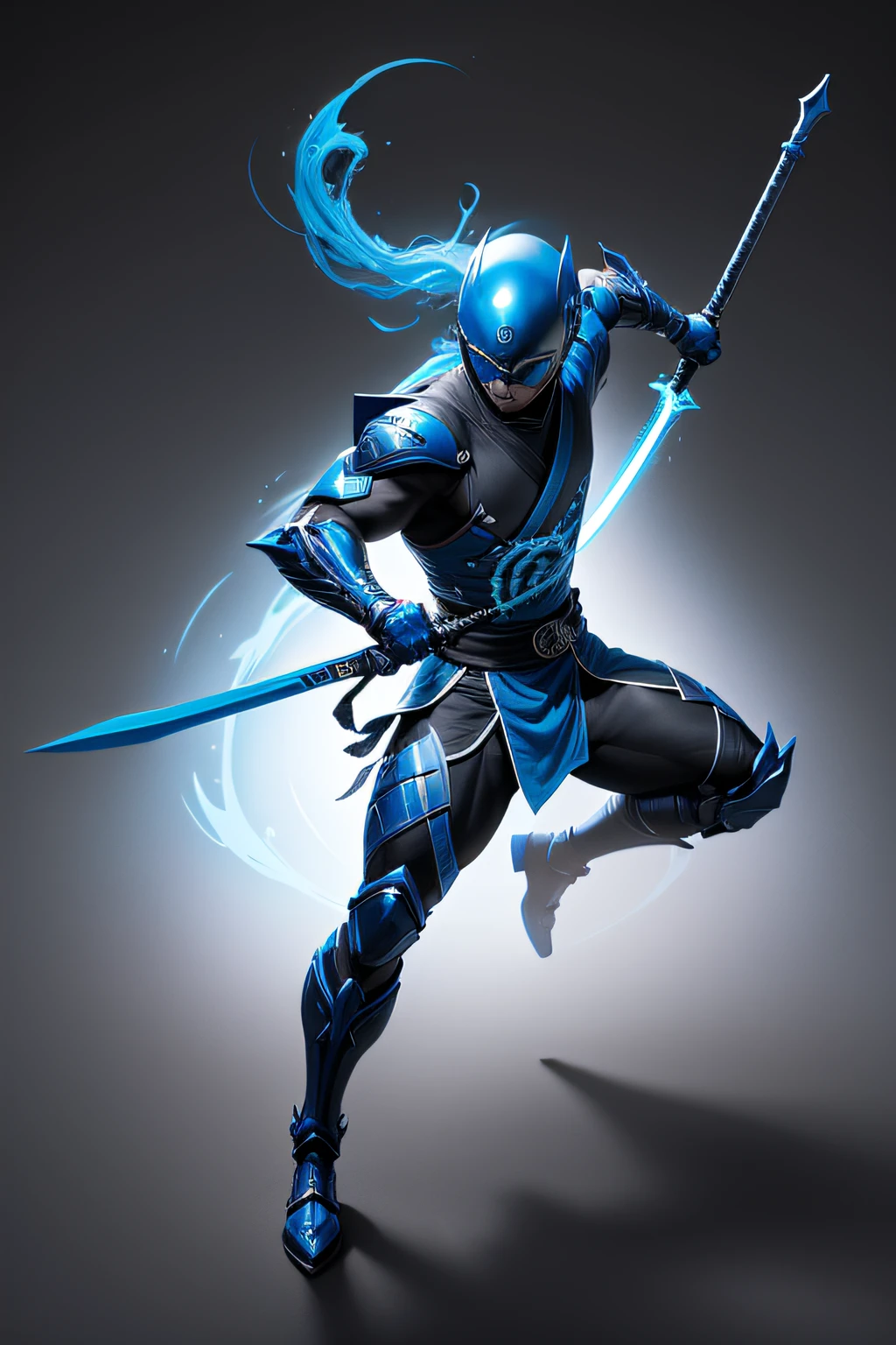 create a blue ninja power ranger, full body , black background , holding long spear , a bit samurai theme ,