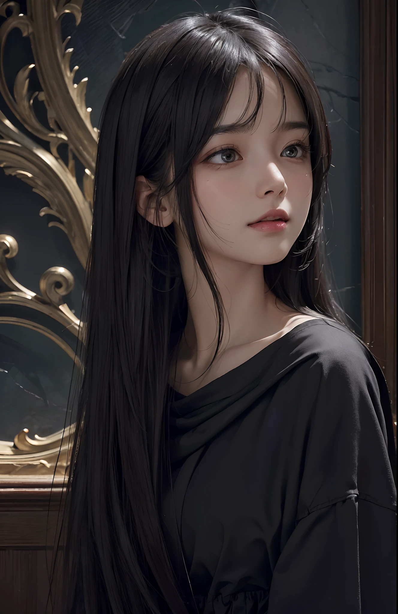 (ultra realisic), (illustratio), (Resolution Enhancement), (8K), (A highly detailed), (The best illustrations), (beautiful-detailed eyes), (Top Quality), (A highly detailed), (masterpiece), (wall paper), (Detailed face), Solo, 1 Girl, Watching the viewer, Fine details, Detailed face, Dark In, Deep Shadows, Low Key, pureerosfaceace_v1, Sorrisos, long hair, Black shawl straight hair , 46 point slanted bangs,Cry like a child.