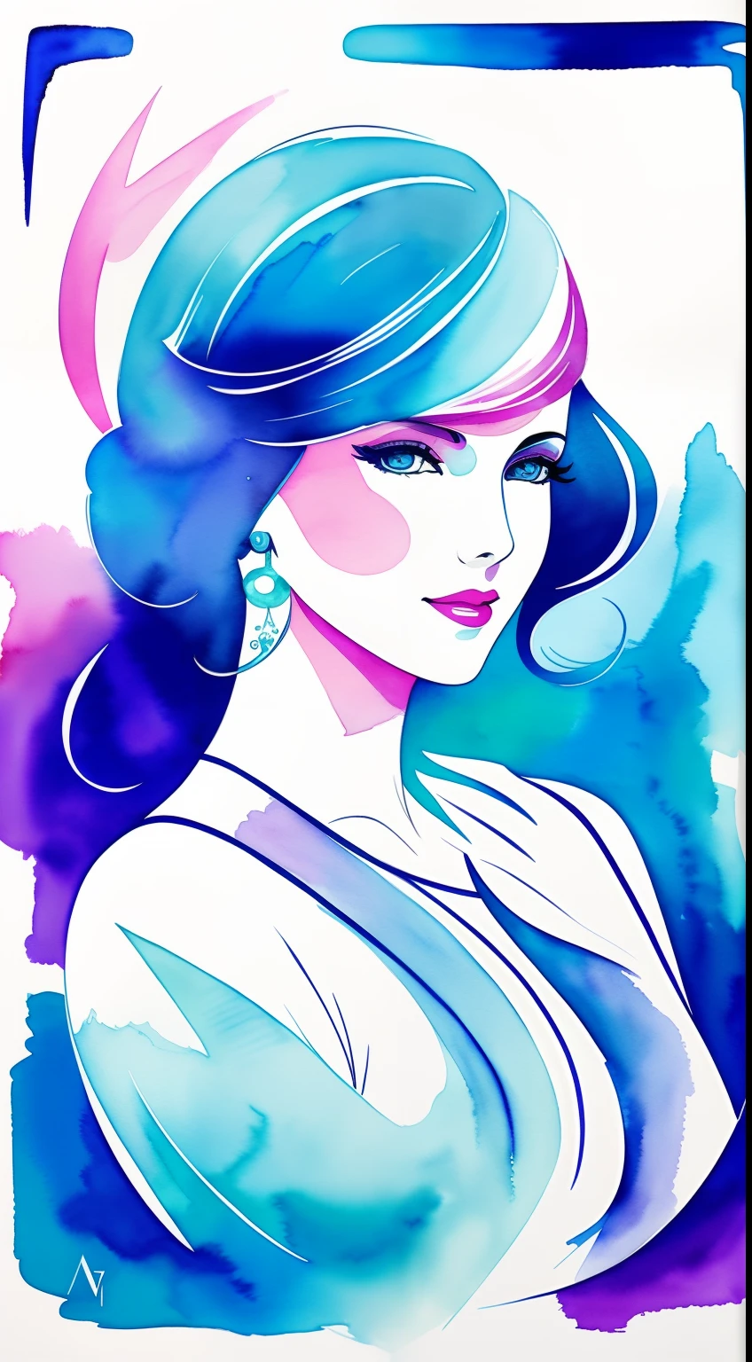 HDR, 4k, centered image minimalist painting in ink on watercolor paper, of a beautiful lady, the most beautiful, elegant woman, made with the art deco artistic style. Complementing the design are touches of watercolor in blue that add depth. vibrant colors. These watercolor elements mix and contrast.