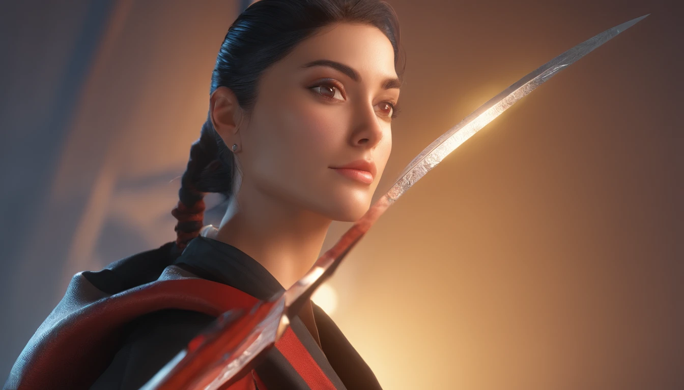 character portrait closeup, one woman, dressed like a ninja, black collant, carryinga knife, dark scene