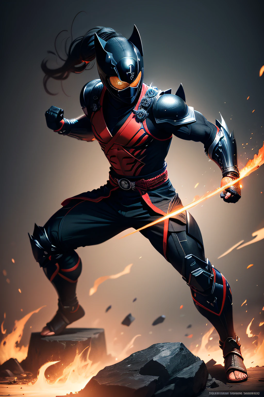 create a black ninja power ranger, full body , black background , claws , a bit samurai theme ,