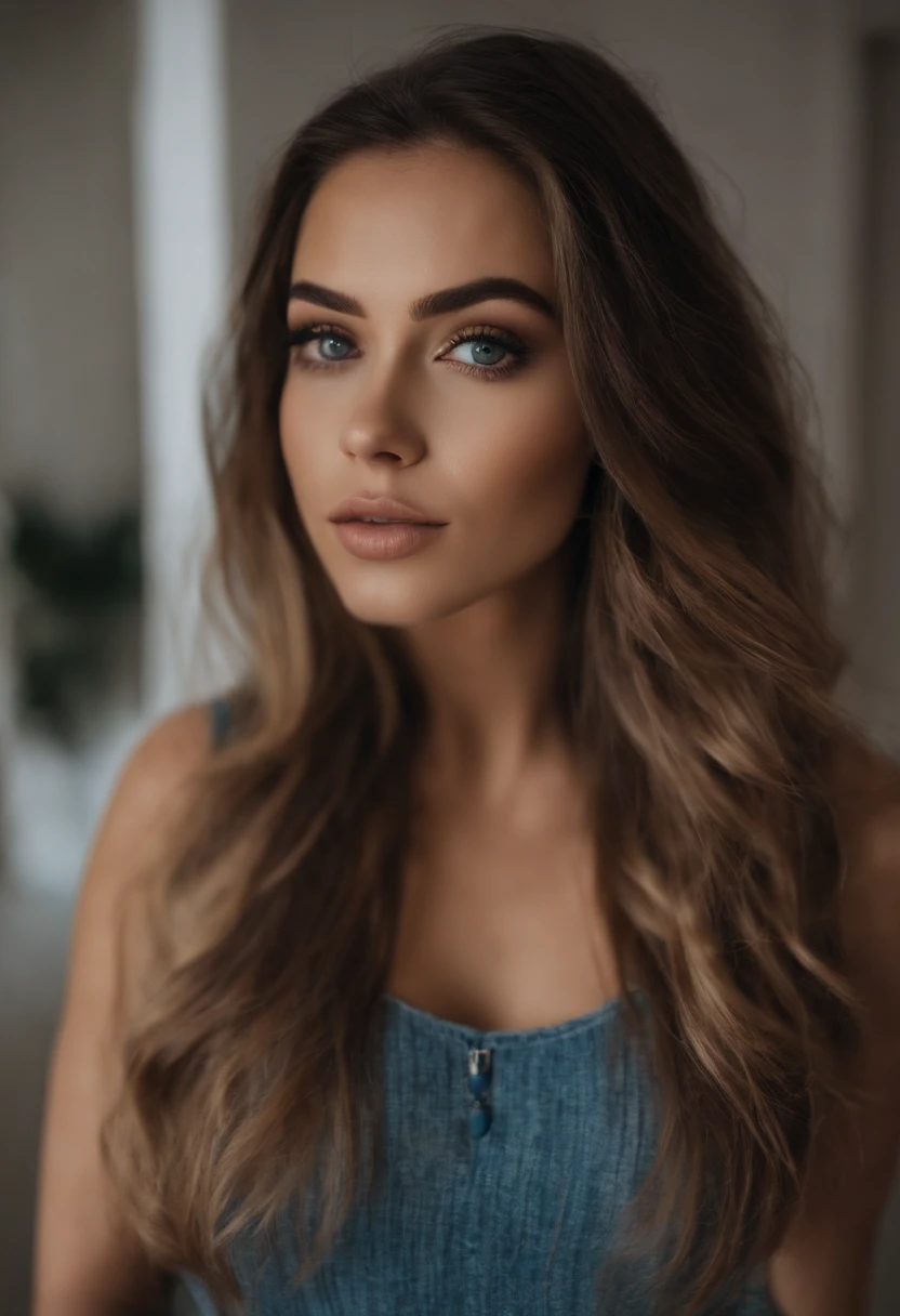Arafed Mujer con camiseta sin mangas y bragas a juego, Chica sexy con ojos azules, Retrato Sophie Mudd, cabello negro y ojos grandes, selfie de una mujer joven, Ojos del dormitorio, Violeta Myers, sin maquillaje, Maquillaje natural, staring directly into camera, cara con artgram, maquillaje sutil, Impresionante foto de cuerpo completo, escote, en el centro comercial