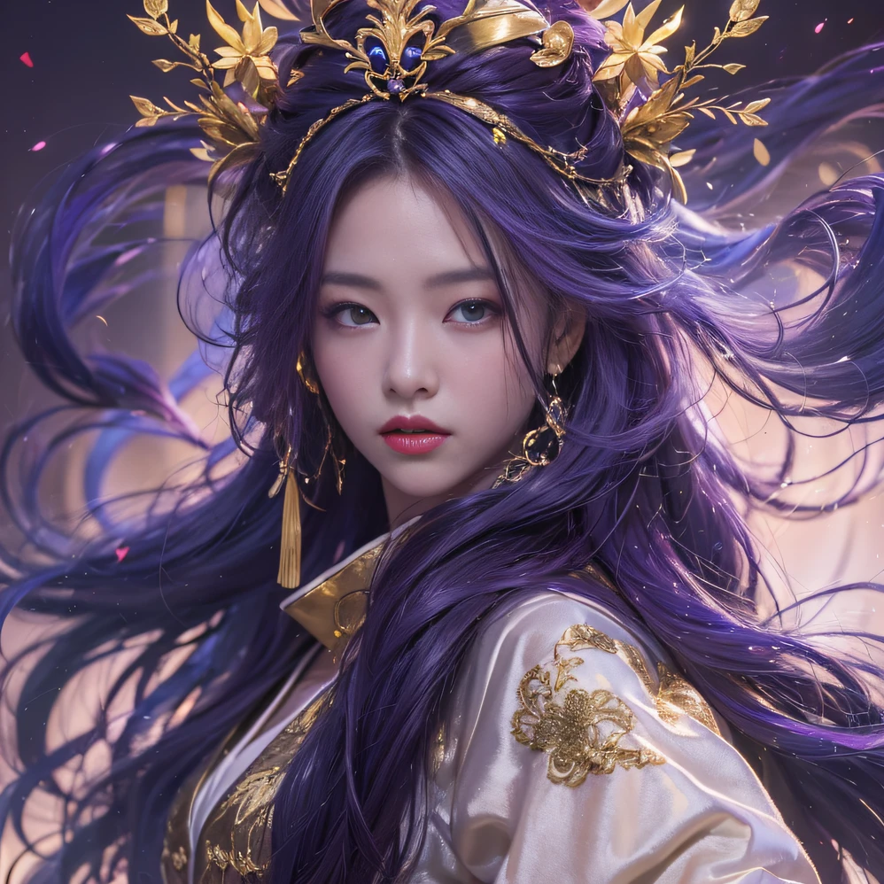 Genki Girl 32K（tmasterpiece，k hd，hyper HD，32K）Long flowing bright purple hair，Autumn Pond，zydink， a color，  Asian people （Genki girl）， （Silk scarf）， Combat posture， looking at the ground， long whitr hair， Floating bright purple， Fire cloud pattern gold tiara， Chinese long-sleeved gold silk garment， （Abstract metaverse splash：1.2）， white backgrounid，Lotus Vitality Protector（realisticlying：1.4），Bright purple hair，Smoke on the road，The background is pure， A high resolution， the detail， RAW photogr， Sharp Re， Nikon D850 Film Stock Photo by Jefferies Lee 4 Kodak Portra 400 Camera F1.6 shots, Rich colors, ultra-realistic vivid textures, Dramatic lighting, Unreal Engine Art Station Trend, cinestir 800，A girl with flowing bright purple long hair