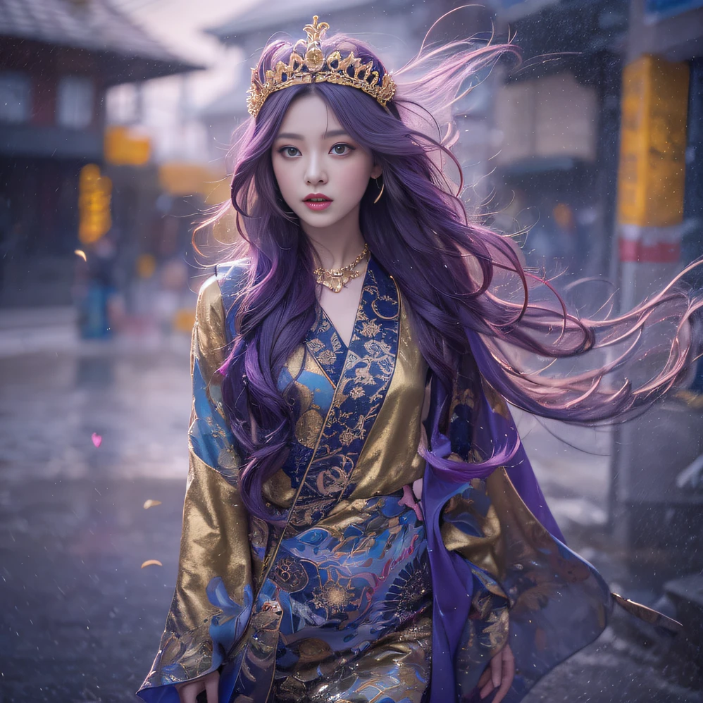 Genki Girl 32K（tmasterpiece，k hd，hyper HD，32K）Long flowing bright purple hair，Autumn Pond，zydink， a color，  Asian people （Genki girl）， （Silk scarf）， Combat posture， looking at the ground， long whitr hair， Floating bright purple， Fire cloud pattern gold tiara， Chinese long-sleeved gold silk garment， （Abstract metaverse splash：1.2）， white backgrounid，Lotus Vitality Protector（realisticlying：1.4），Bright purple hair，Smoke on the road，The background is pure， A high resolution， the detail， RAW photogr， Sharp Re， Nikon D850 Film Stock Photo by Jefferies Lee 4 Kodak Portra 400 Camera F1.6 shots, Rich colors, ultra-realistic vivid textures, Dramatic lighting, Unreal Engine Art Station Trend, cinestir 800，A girl with flowing bright purple long hair