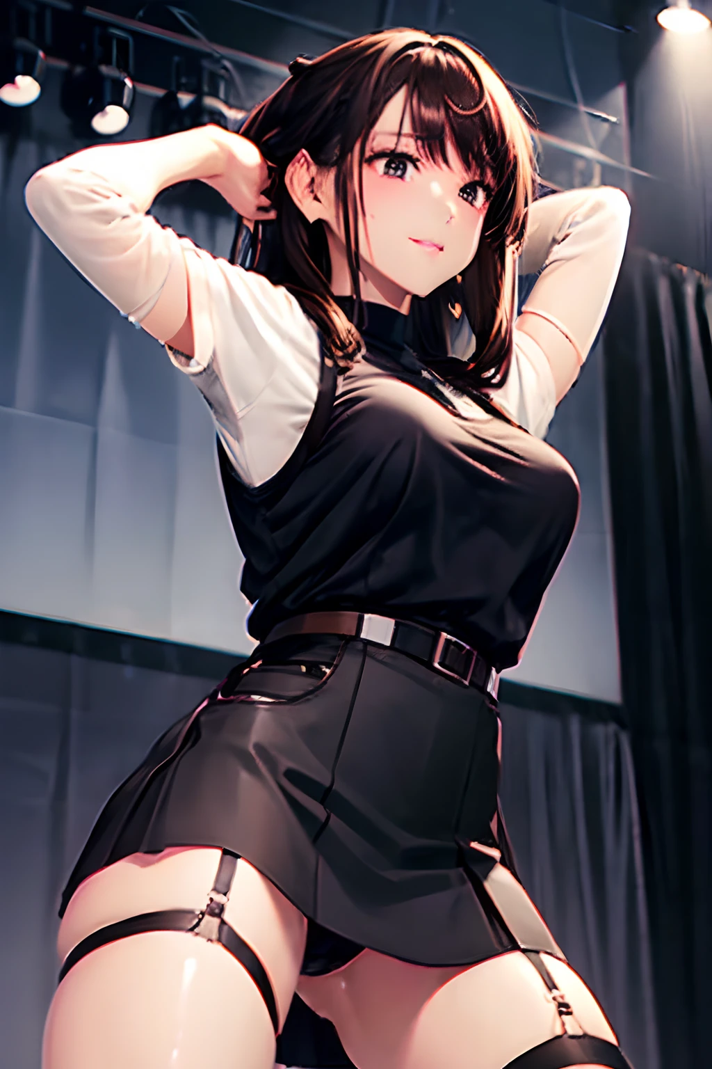 Black skirt, 　suspenders, Brown hair Gray eyes, Garter belt on the legs, Tight black clothes, 　　 a belt　Armpit sweat　　Dark look　Moderately 　holster　chain　　poneyTail　Water wetting