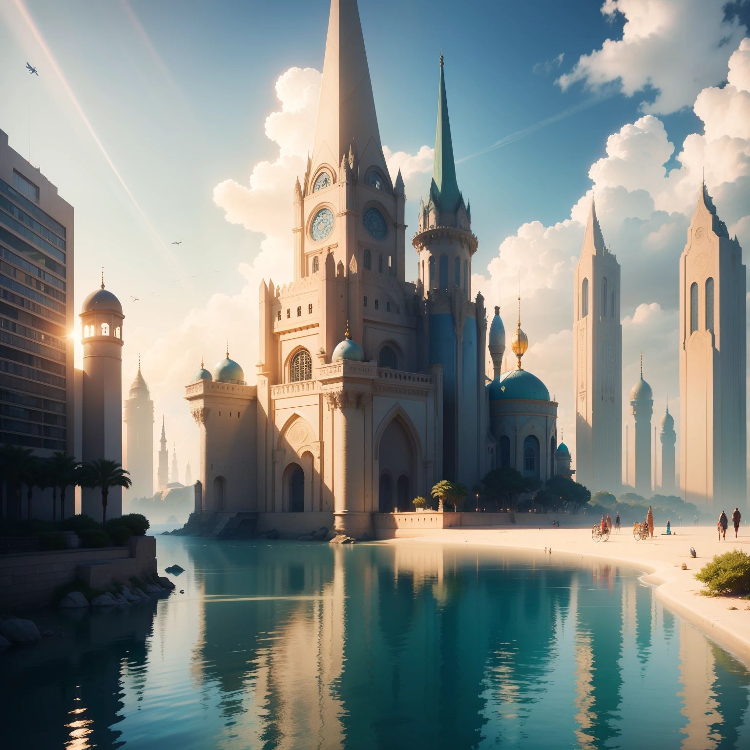 Sidon style, City of Progress, futuristic city, utopian world, brilliant gorgeous colors, thriving buildings, high-end clothing and architectural designs, luxurious buildings, utopian future, high detail, HDR, perfect, stunning progressive architecture, flawless world, reflective surfaces, subsurface scattering, flawless buildings, beyond imagination, 8K, global lighting, wide angle, divine rays, dream world