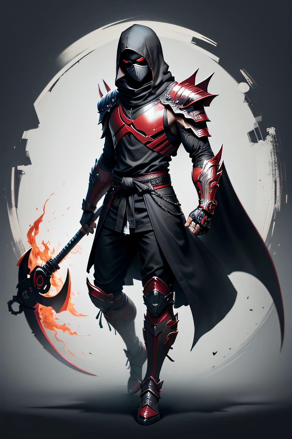 create a burning ninja power ranger, full body , black background , goth ,gore, armor, scythe, death , a bit samurai theme ,skull head ,long coat