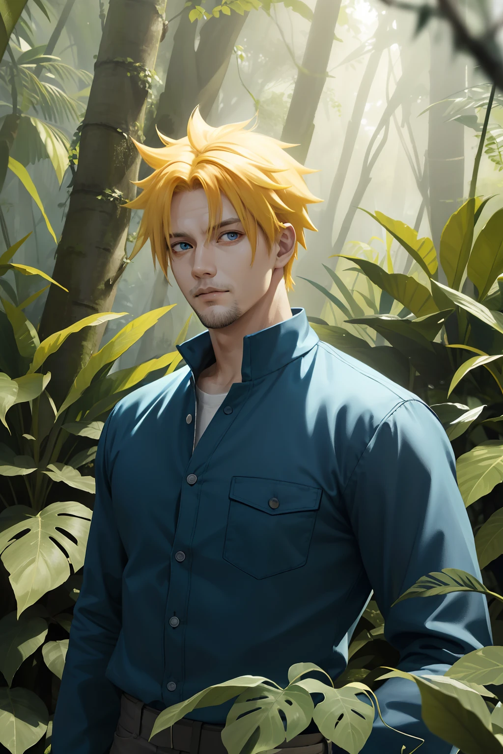 (absurdres, highres, ultra detailed), 1 male, solo, adult, (mature:1.4, aged up:1.4), tall muscular guy, broad shoulders, handsome, angular jaw, thick neck, BREAK, looking at viewer, short yellow hair, blue eyes, long sleeves, forest, trees full of greenery, fluttering leaves, natural light and shadow, Jungle exploration, lots of plants, depth of field, upper body, frontal, Uzumaki Naruto