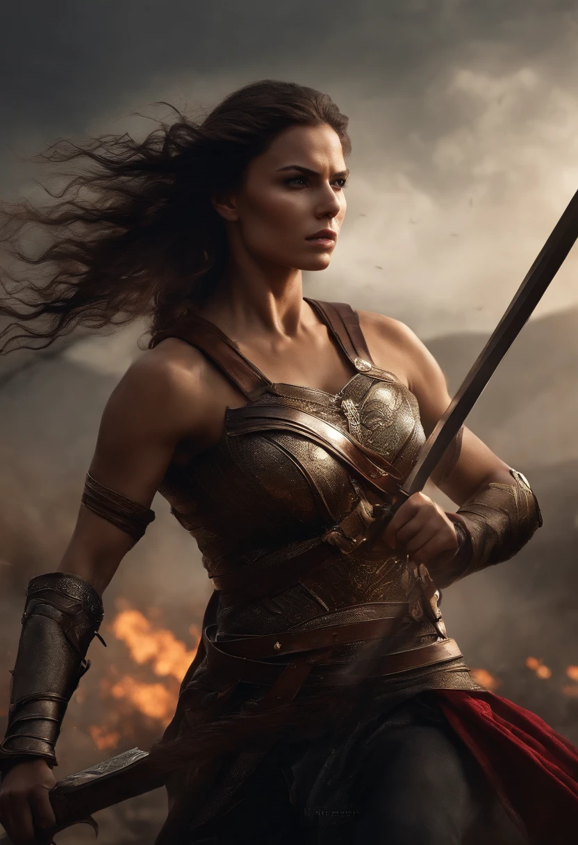 best quality,4k,8k,highres,masterpiece:1.2,ultra-detailed,realistic:1.37,artistic,portrait,sword,warrior,steel,sharp edges,motion,graceful movement,fierce expression,confident stance,battlefield,explosions,leaping,action-packed,dramatic lighting,striking composition,dark and moody color palette,muscles,tension,focused eyes,deadly precision,swift strikes,dominance,heroic,adventure