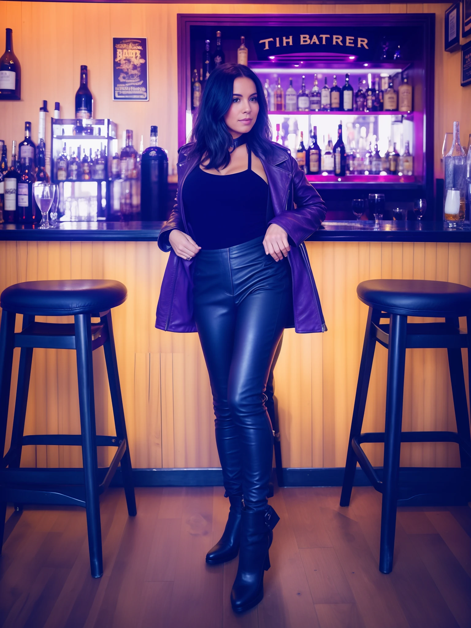 woman in black leather pants and purple jacket standing in front of bar, standing in a restaurant, in a bar, full body photogenic shot, at a bar, sitting at the bar, full body portrait shot, mid shot portrait, sitting at a bar, standing in a starbase bar, in a pub, in the pub, standing in a dimly lit room