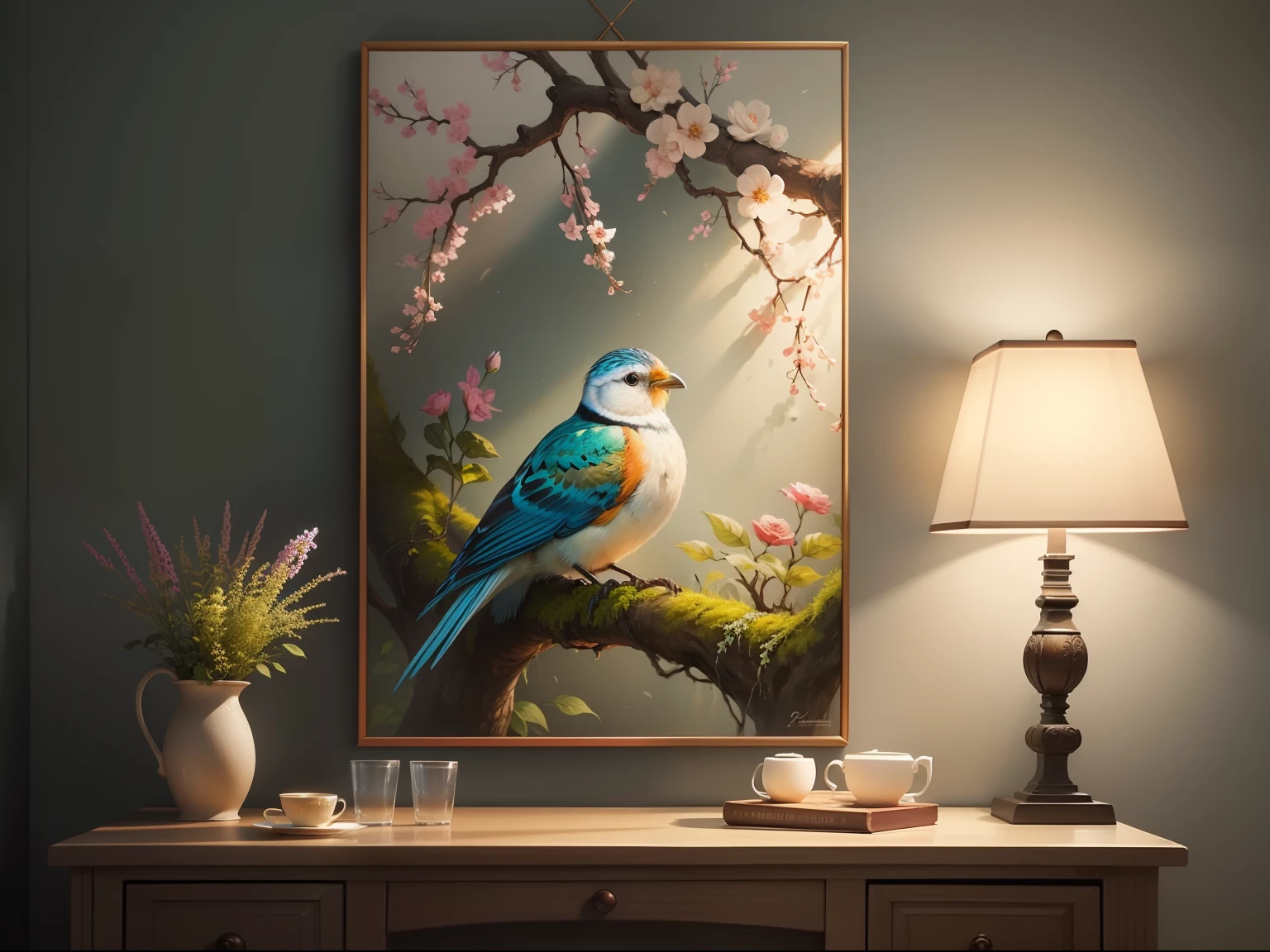 Create a wall hanging painting of a beautiful bird . The painting is hanging on the wall, the wall is decorated with nature elements like plants and flowers. Below the painting, there is a table on which beautiful lamp is kept. The image should be stunning and eye catching. (Detailed image)