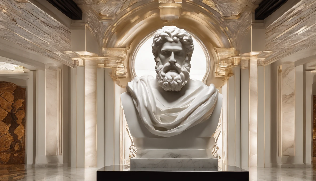 White marble statue of sage bust with bearded Greek philosopher style in museum. atmosfera escura, alto contraste de luz e sombra, fotografia profissional, utrarealista, light volumetric, cinemactic