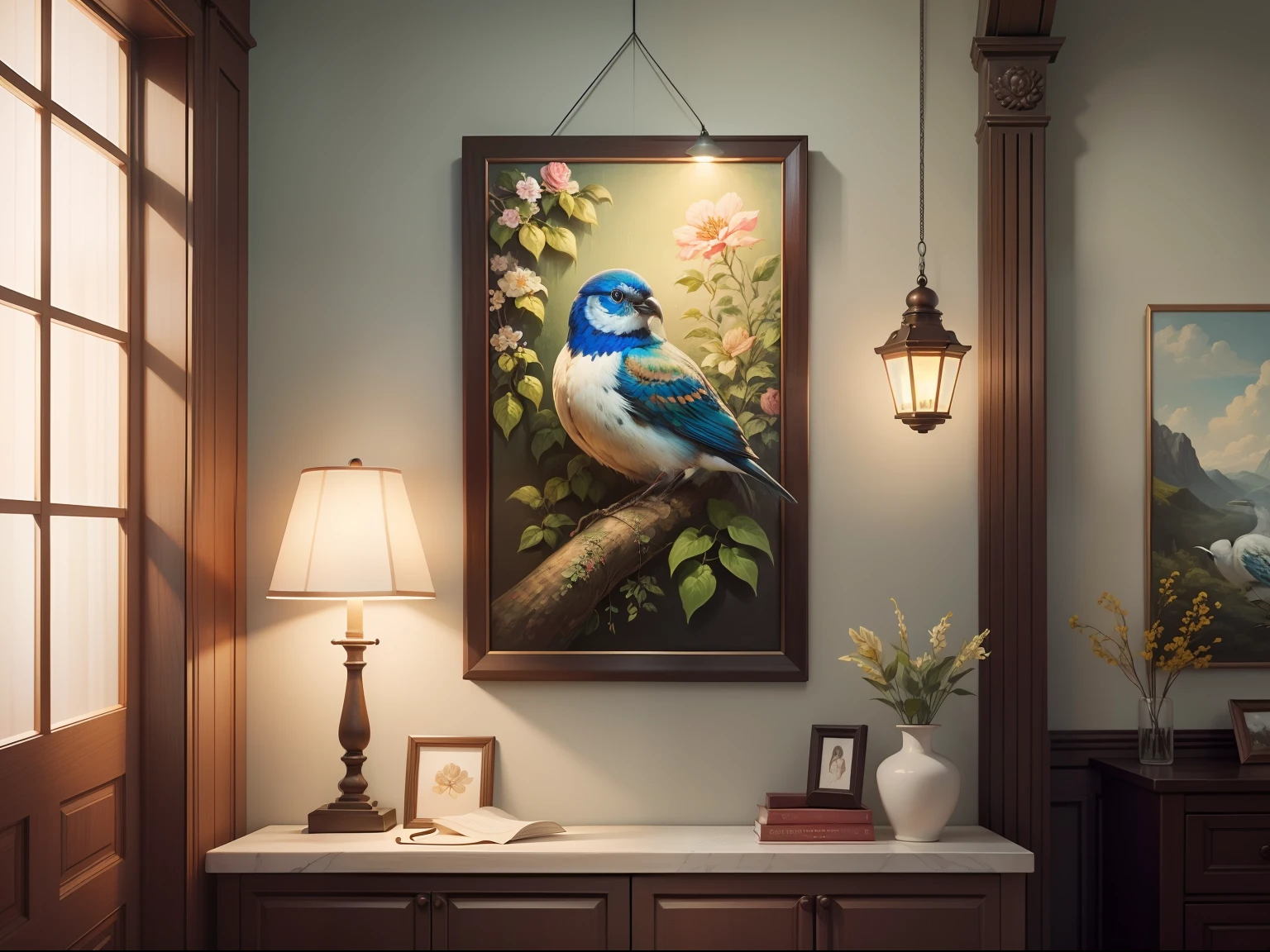 Create a wall hanging portrait of a beautiful bird. The painting is hanging on the wall, the wall is decorated with nature elements like plants and flowers. Below the painting, there is a table on which beautiful lamp is kept. The image should be stunning and eye catching. (Detailed image) (wall hanging portrait). Wall hanging painting