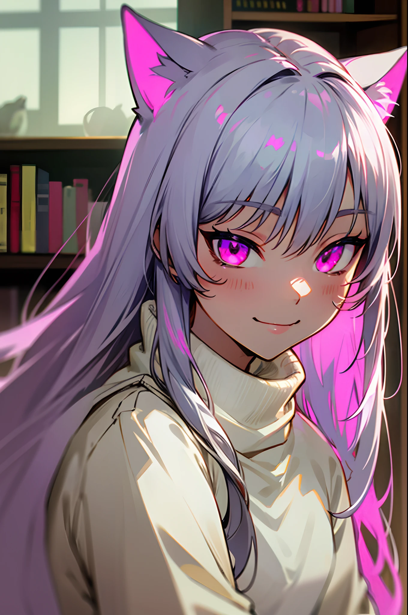 silber hair、long silvery hair、Cat's ears、Pink eyes、Evil smile、(((White turtleneck sweater)))、a room、bookcase