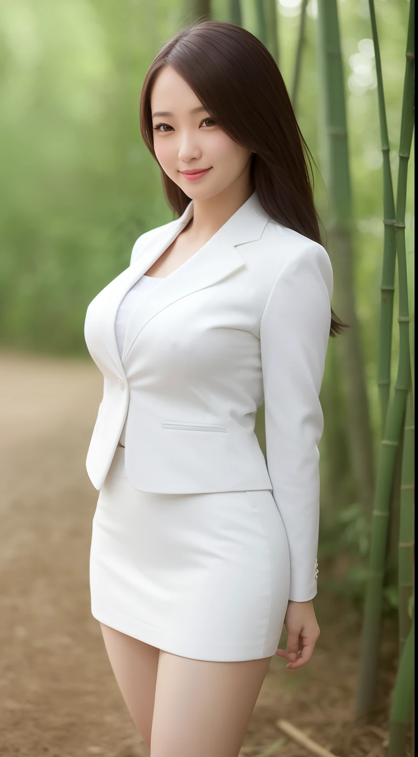 A smiling girl,While wearing a white Business suits,White tight skirt,Standing inside a bamboo forest,Side view,The hips are high,com rosto detalhado,The eyes are delicate,The photo quality is the best,Realistic image quality,Background diffuse lighting,Depth of field display。