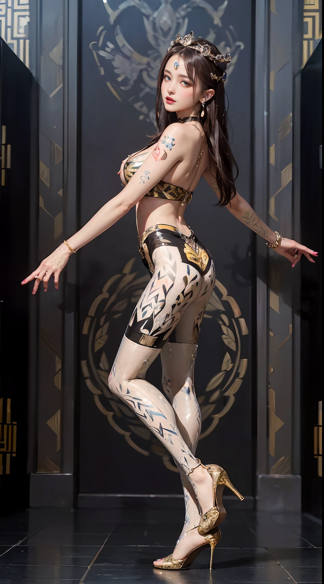 ((tmasterpiece:1.4)、(top-quality:1.4)、(reallistic:1.7))、Luis Royo(Luis Royo)Surreal portrait of the beautiful Queen of Mars、Super pretty girl queen、((1girl in:1.4))、Shiny natural skin texture、(Super Super Super Bikini)、(Very revealing sexy clothing)、(Lustrous luxury :1.4)、(((((((Patterned)))))) ,((Pantyhose)):1.3),、author:Luis Royo(Luis Royo)、19years old、(Cute tattoos:1.4)、(Look back at the view:1.4)、(Two arms:1.4、Two legs:1.4)、(perfect anatomia:1.4)、(Perfect female body:1.4)、Portrait photo of a girl、(standing on your feet:1.4)、(Full body photo:1.4)、Fantasyart、Soft front light、beautiful countenance、kawaii faces、Beautiful udder、Large full breasts:1.2、Beautiful ass、A detailed eye、Clear eye-catching, Beautiful and charming eyes、beautidful eyes、Narrow waist、RAW photo、Redlip、Red high heels、Long hair is arranged in a cool way like a queen、(tiara crown:1.4、choker necklace:1.4、a necklace:1.4、耳Nipple Ring:1.4)、1 screen display、A beautiful girl standing in the royal palace of the Kingdom of Mars