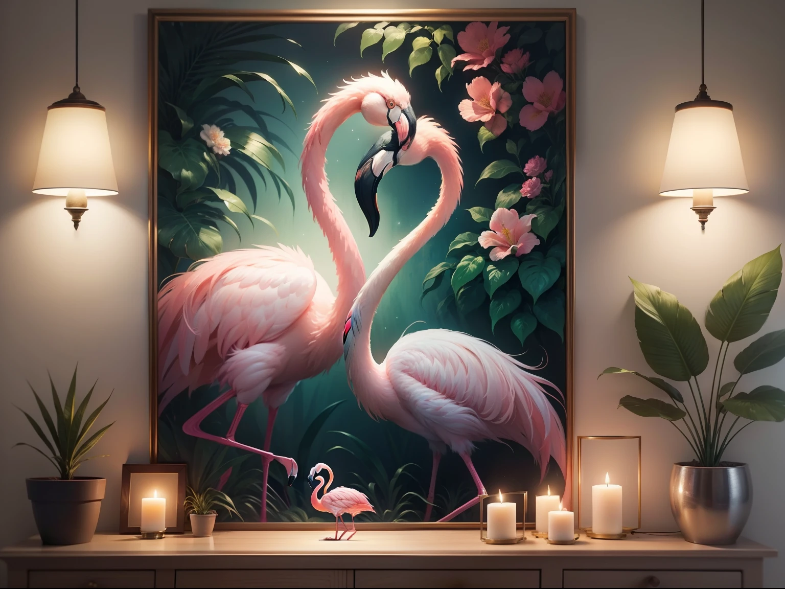 Create a wall hanging painting of a beautiful Flamingo. The painting is hanging on the wall, the wall is decorated with nature elements like plants and flowers. Below the painting, there is a table on which beautiful lamp is kept. The image is taken in the light of candles. The image should be stunning and eye catching. (Detailed image)