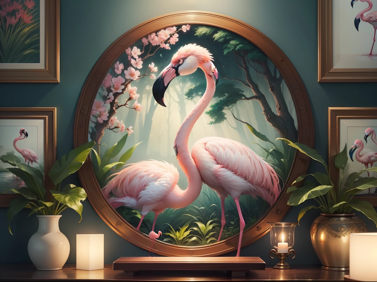 Create a wall hanging painting of a beautiful Flamingo. The painting is hanging on the wall, the wall is decorated with nature elements like plants and flowers. Below the painting, there is a table on which beautiful lamp is kept. The image is taken in the light of candles. The image should be stunning and eye catching. (Detailed image)