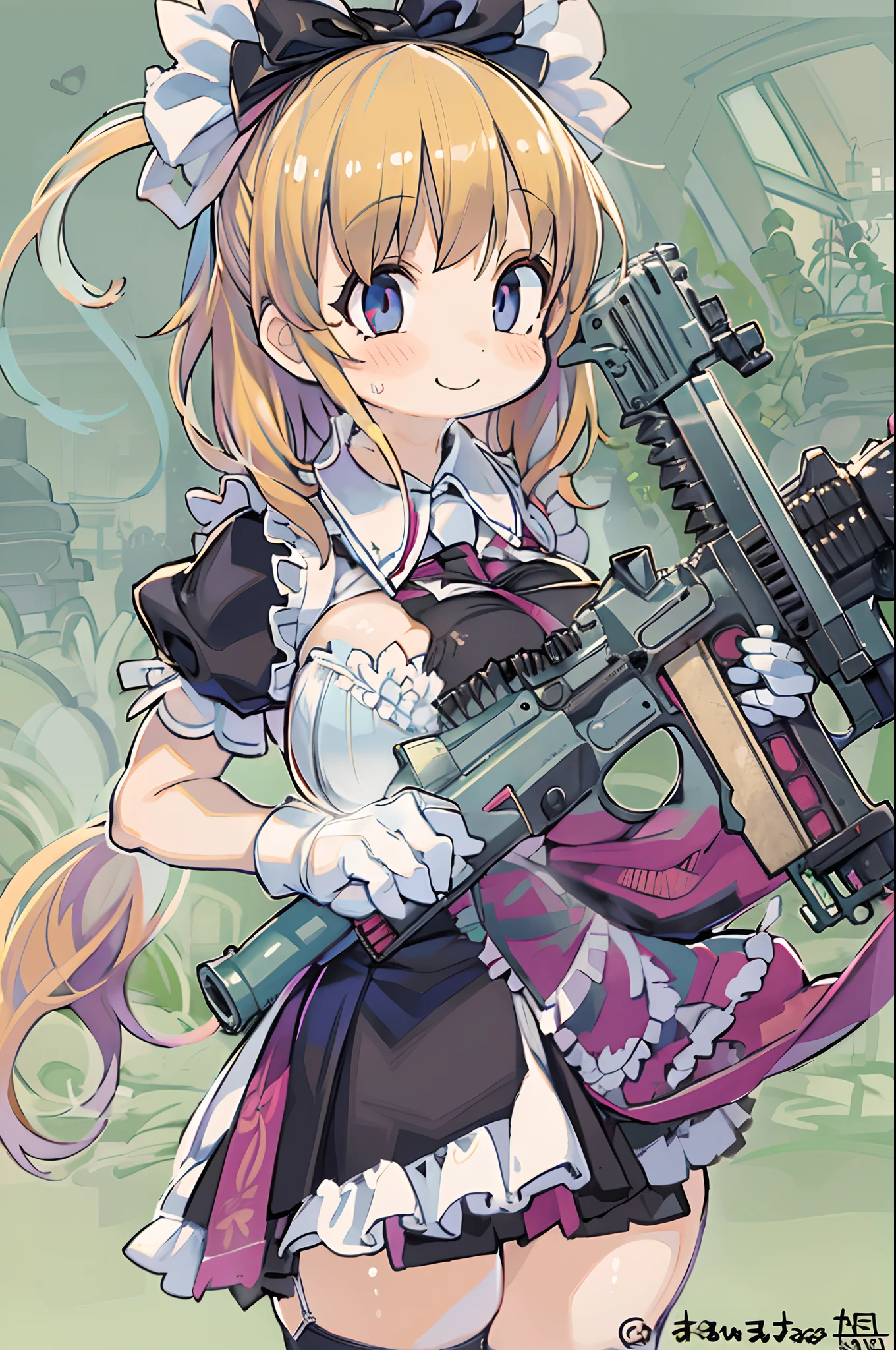 masutepiece, Best Quality, 1girl in, Empty eyes, Utsurome, maid, Smile,a girl,Lori,(((Huge assault rifle)))