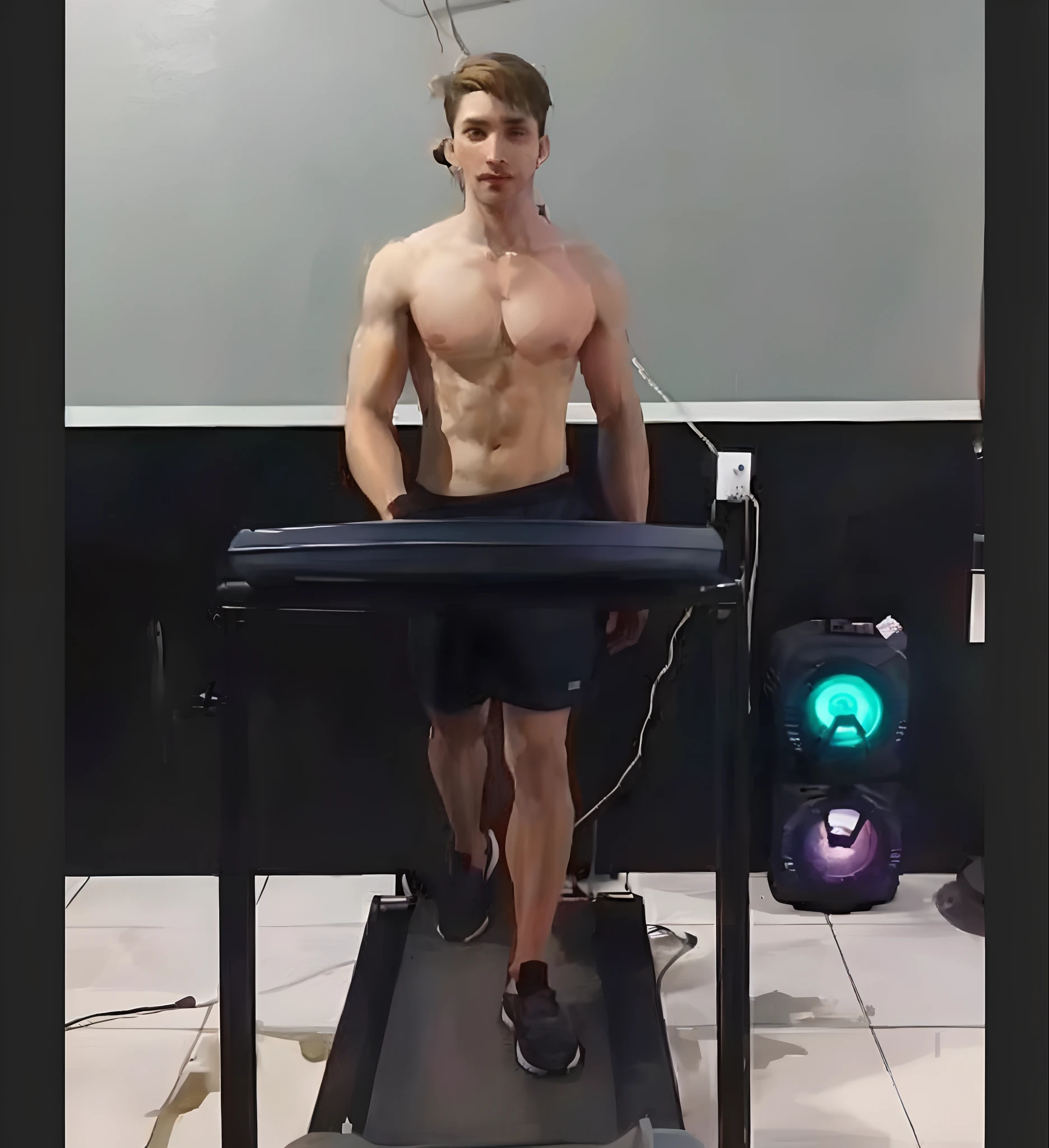 There is a man who is standing on a treadie, malhar, hedonic treadmill, trapped on a hedonic treadmill, Ciclo de caminhada preciso, em uma academia, modelo fitness, Mesomorph, slender and muscular build, workout, XQC, magro, mas musculoso, Fit physique, Ganhos, ele tem 3 5 anos, Directed by: Byron Galvez