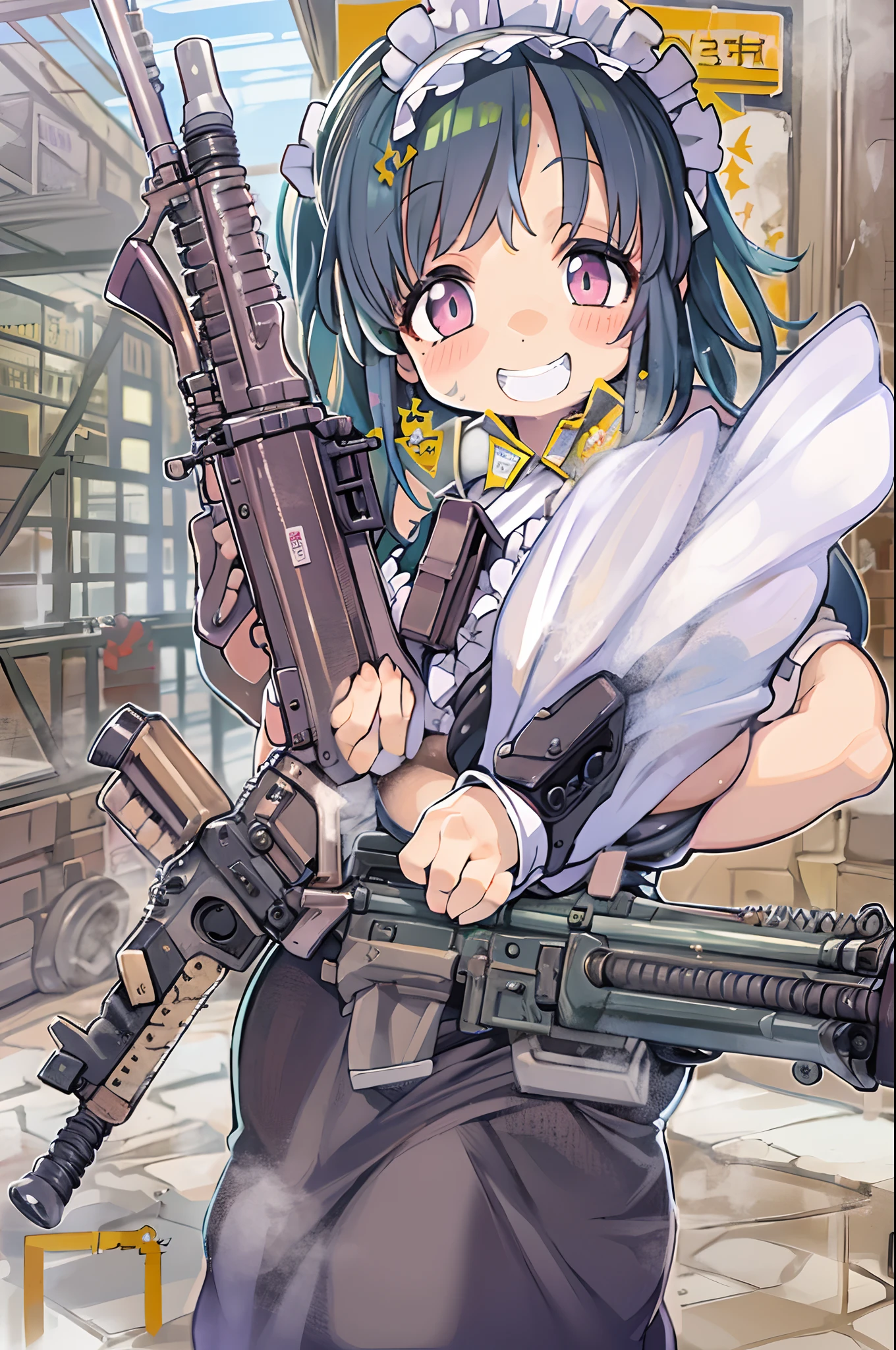 masutepiece, Best Quality, 1girl in, Empty eyes, Utsurome, maid, Smile,a girl,Lori,(((Huge assault rifle)))