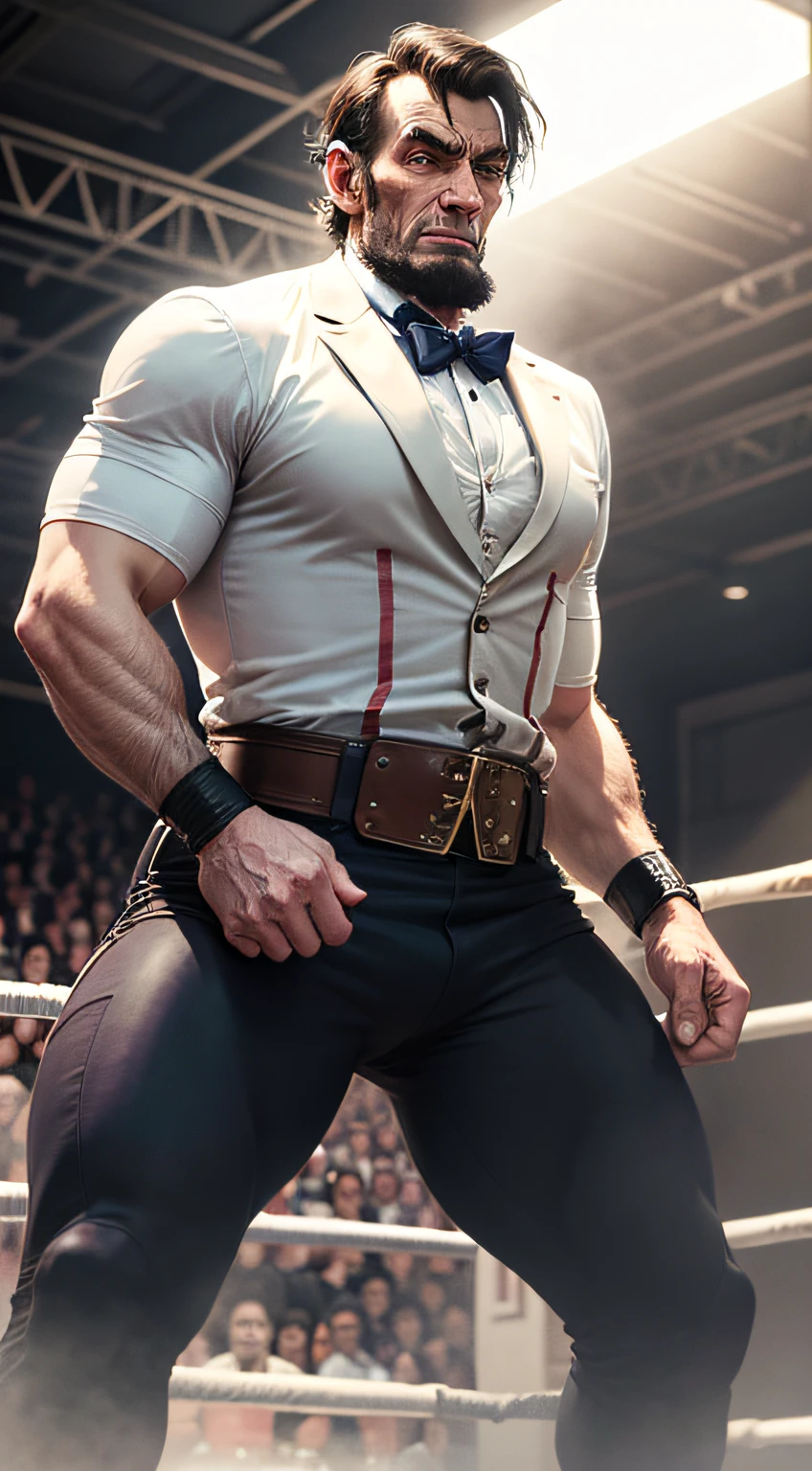 Abraham Lincoln as a strong wrestler fighting at old USA street, in modern wrestling costume