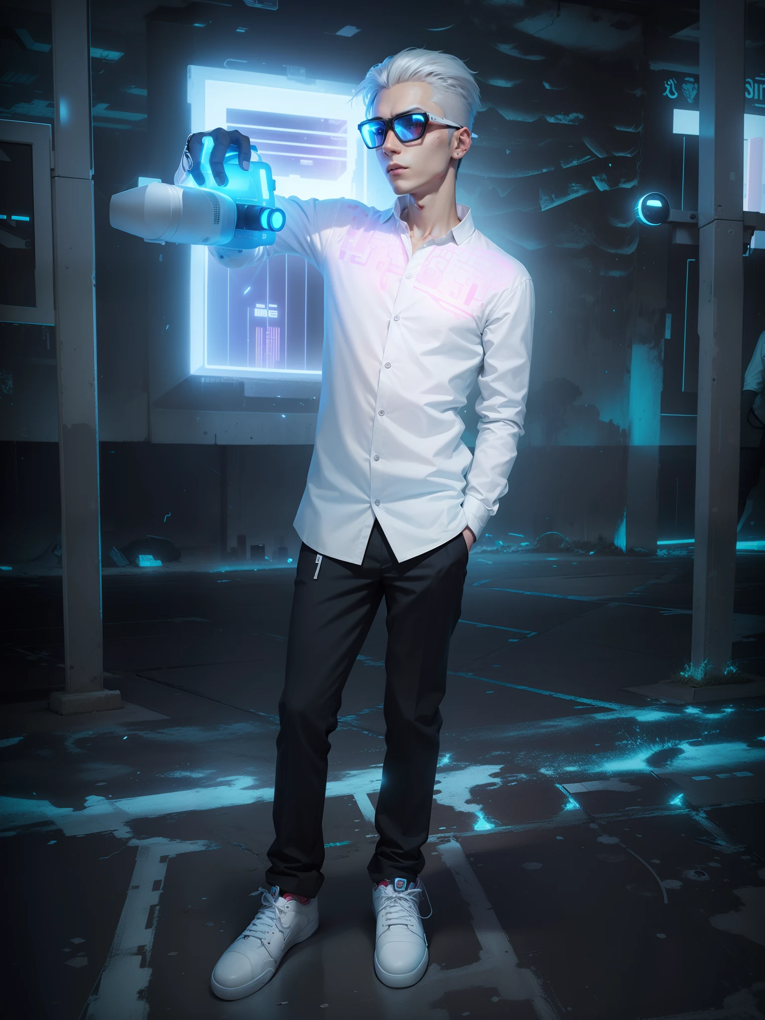 Change background, cyberpunk, smart boy, white shirt , white shoes, cartoon, 8K, 3 Heart, Camera in hand, camera pose, lovely heart graphics by om logo