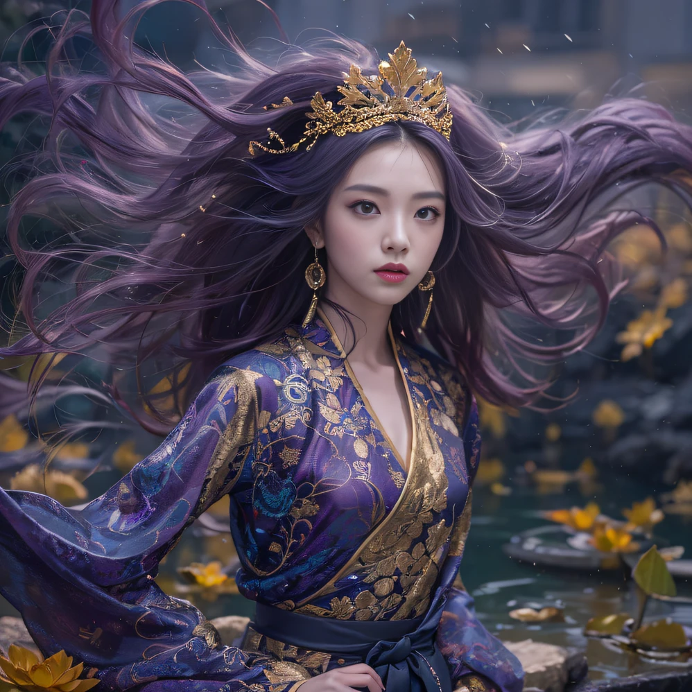 Genki Girl 32K（tmasterpiece，k hd，hyper HD，32K）Long flowing bright purple hair，Autumn Pond，zydink， a color，  Asian people （Genki girl）， （Silk scarf）， Combat posture， looking at the ground， long whitr hair， Floating bright purple， Fire cloud pattern gold tiara， Chinese long-sleeved gold silk garment， （Abstract metaverse splash：1.2）， white backgrounid，Lotus Vitality Protector（realisticlying：1.4），Bright purple hair，Smoke on the road，The background is pure， A high resolution， the detail， RAW photogr， Sharp Re， Nikon D850 Film Stock Photo by Jefferies Lee 4 Kodak Portra 400 Camera F1.6 shots, Rich colors, ultra-realistic vivid textures, Dramatic lighting, Unreal Engine Art Station Trend, cinestir 800，A girl with flowing bright purple long hair
