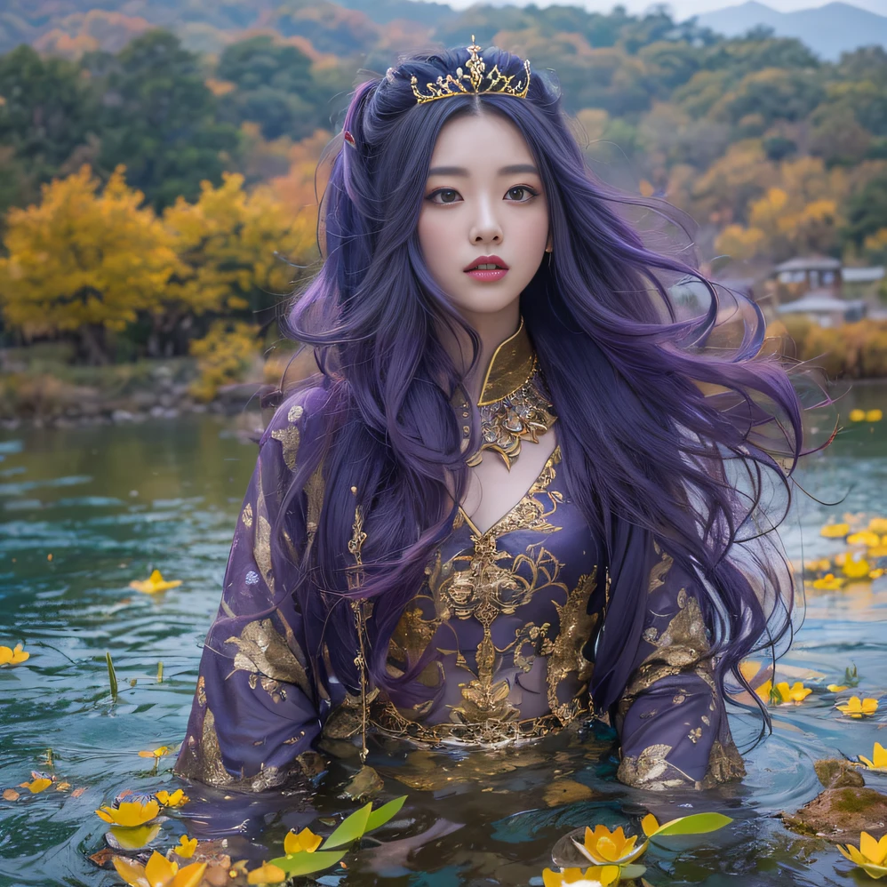 Genki Girl 32K(tmasterpiece,k hd,hyper HD,32K)Long flowing bright purple hair,Autumn Pond,zydink, a color, Asian people (Genki girl), (Silk scarf), Combat posture, looking at the ground, long whitr hair, Floating bright purple, Fire cloud pattern gold tiara, Chinese long-sleeved gold silk garment, (Abstract metaverse splash:1.2), white backgrounid,Lotus Vitality Protector(realisticlying:1.4),Bright purple hair,Smoke on the road,The background is pure, A high resolution, the detail, RAW photogr, Sharp Re, Nikon D850 Film Stock Photo by Jefferies Lee 4 Kodak Portra 400 Camera F1.6 shots, Rich colors, ultra-realistic vivid textures, Dramatic lighting, Unreal Engine Art Station Trend, cinestir 800,A girl with flowing bright purple long hair