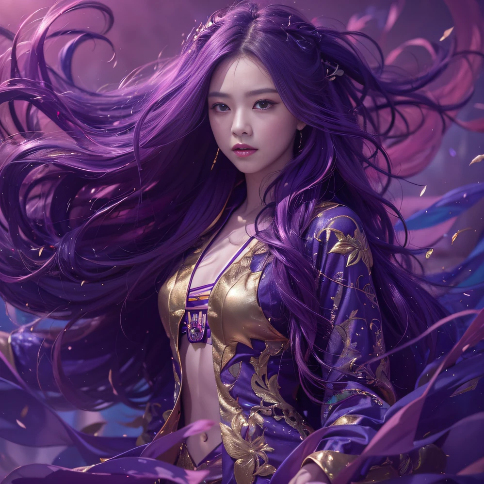 Genki Girl 32K（tmasterpiece，k hd，hyper HD，32K）Long flowing bright purple hair，Autumn Pond，zydink， a color，  Asian people （Genki girl）， （Silk scarf）， Combat posture， looking at the ground， long whitr hair， Floating bright purple， Fire cloud pattern gold tiara， Chinese long-sleeved gold silk garment， （Abstract metaverse splash：1.2）， white backgrounid，Lotus Vitality Protector（realisticlying：1.4），Bright purple hair，Smoke on the road，The background is pure， A high resolution， the detail， RAW photogr， Sharp Re， Nikon D850 Film Stock Photo by Jefferies Lee 4 Kodak Portra 400 Camera F1.6 shots, Rich colors, ultra-realistic vivid textures, Dramatic lighting, Unreal Engine Art Station Trend, cinestir 800，A girl with flowing bright purple long hair