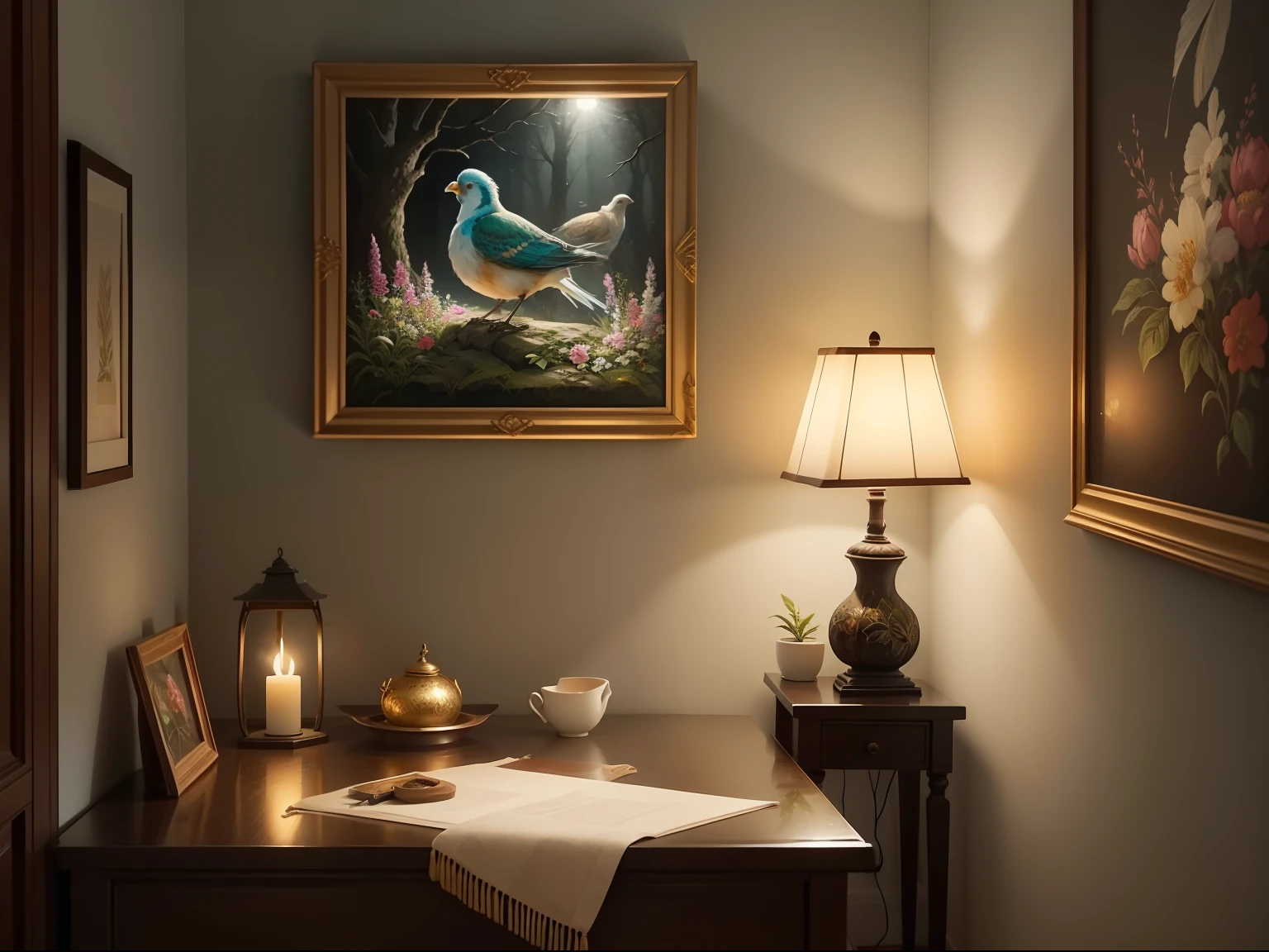 Create a wall hanging painting of a beautiful bird. The painting is hanging on the wall, the wall is decorated with nature elements like plants and flowers. Below the painting, there is a table on which beautiful lamp is kept. The photo is clicked in the light of candles. The image should be stunning and eye catching. (Detailed image)