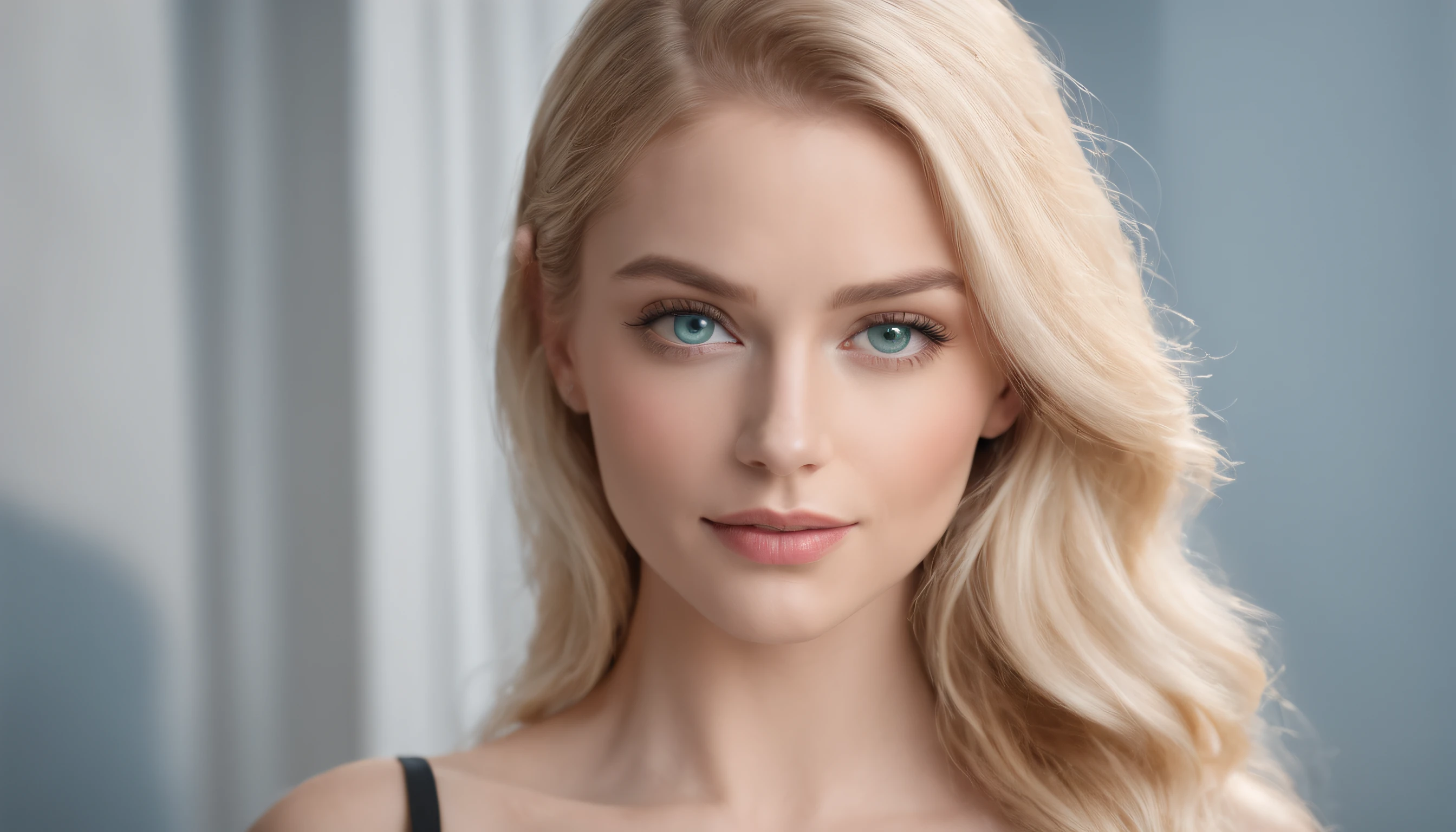 blond woman with blue green eyes and a black top posing for a picture, beautiful blonde girl, blonde hair blue eyes, blonde hair and blue,green eyes, blonde swedish woman, blonde hair and large eyes, beautiful blonde woman, attractive girl, masterpiece, best quality, highres, UHD, depth of field, 4k, RTX, HDR), hyper realistic, 8k UHD, DSLR, high quality, Cinematic light, Amazing,