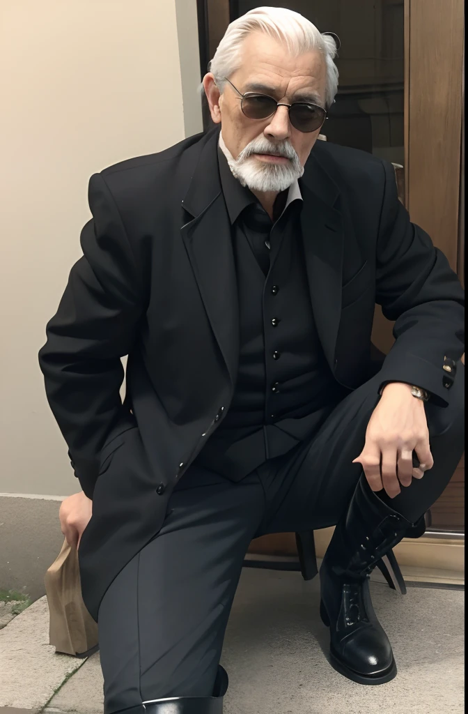 with a goatee，Old gentleman in black riding boots，Show off his boots
