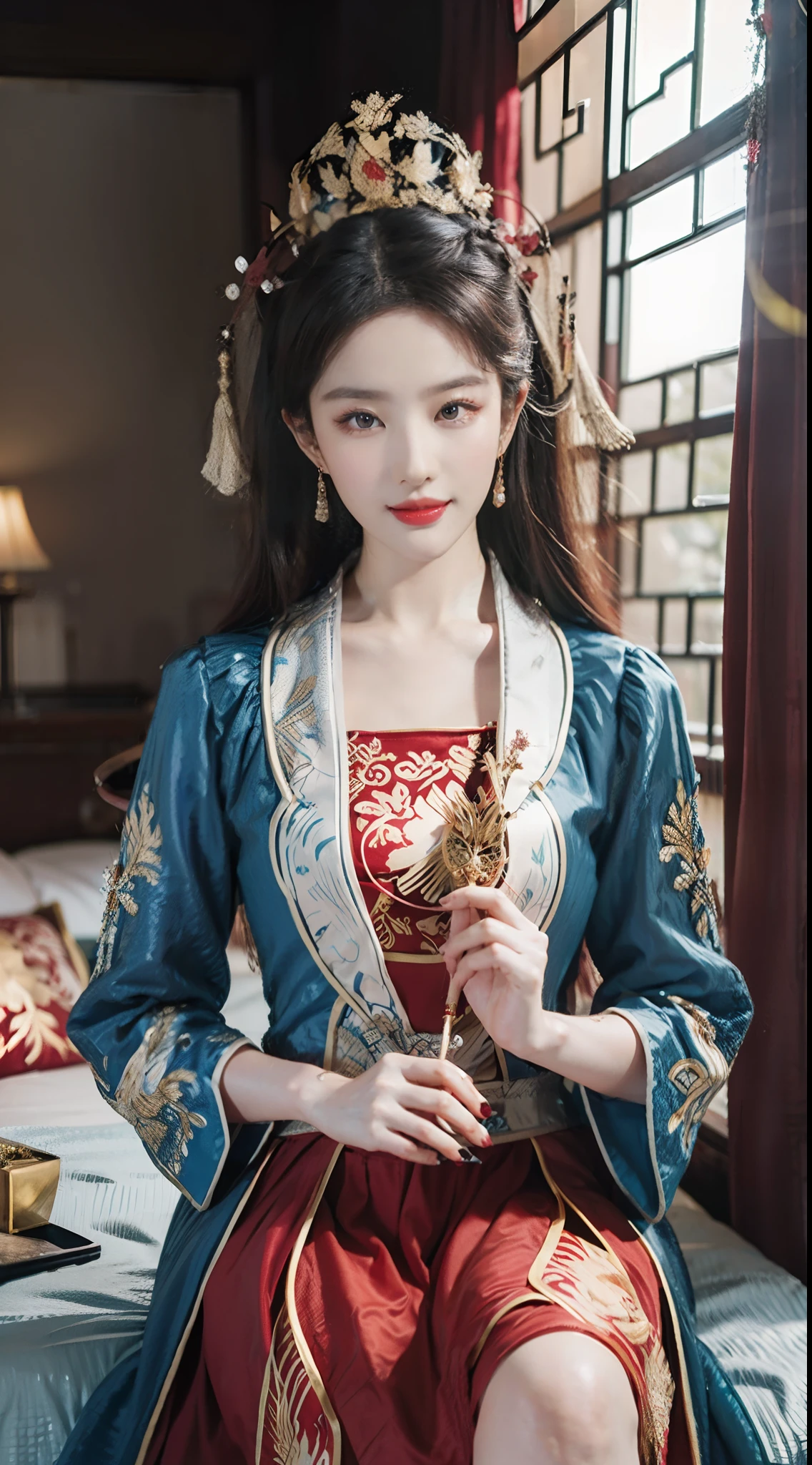(best quality), oriental nobility,Girl&#39;s hot and thick red lips,Highly detailed 4K eyes and faces,beautiful beautiful blue eyes ,big breasts、Bewitching thigh、Full Body Warrior,martial art,Zhao Yunzilong&#39;s feminization, With the Seiryu Engetsuto,Gorgeous pink costume,stockings,woman with a gun,decorated costume,Background of the Three Kingdoms era