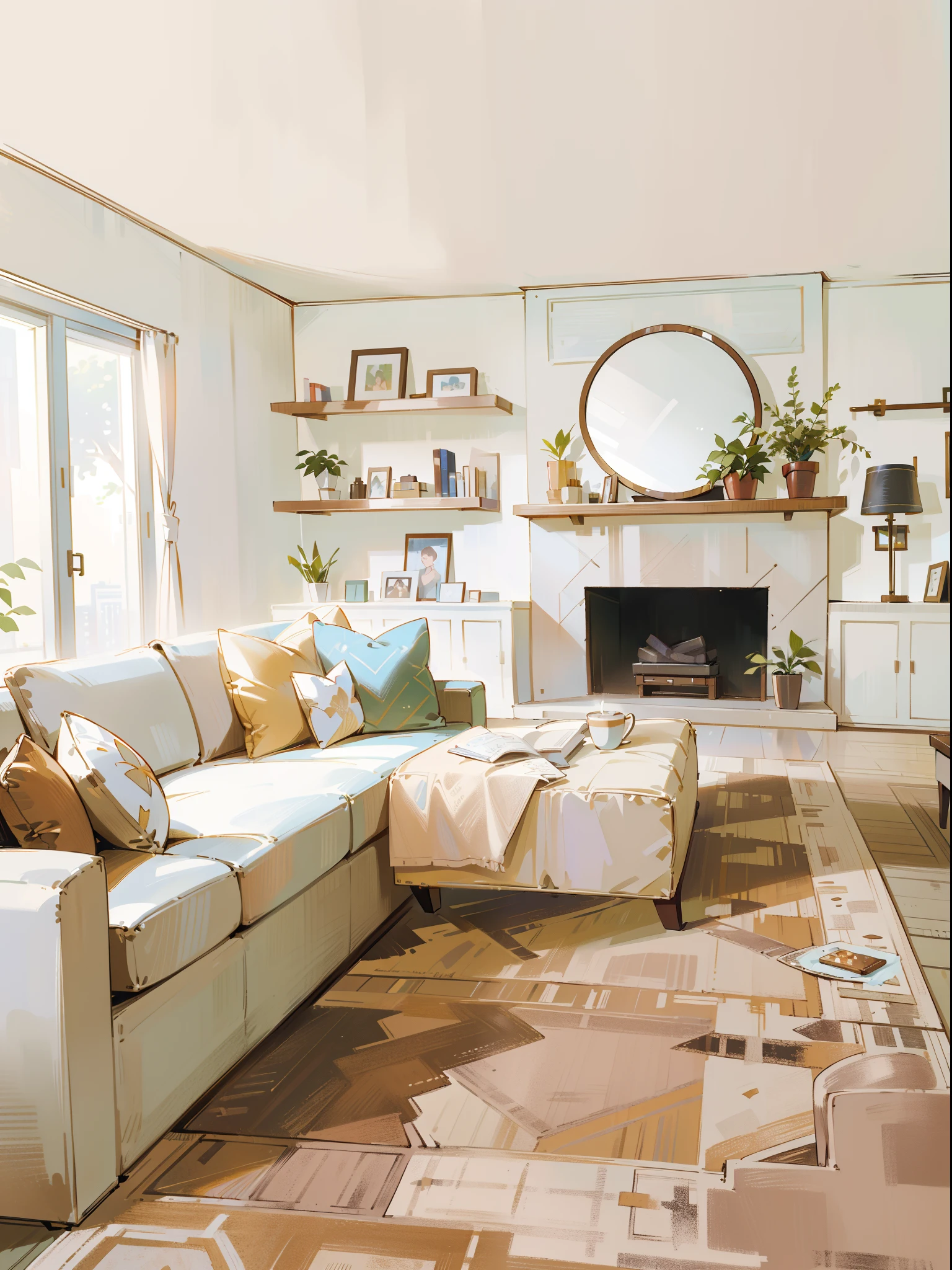(best quality,4k,8k,highres,masterpiece:1.2),ultra-detailed,(realistic,photorealistic,photo-realistic:1.37),cozy,spacious living room,open space,modern furniture,elegant design,large windows,abundant natural light,comfortable seating area,plush sofa and armchairs,soft cushions and blankets,beautifully decorated walls with artwork,hanging plants providing a touch of greenery,soothing color palette,warm and inviting atmosphere,stunning view of the city skyline,refined wood flooring,exquisite coffee table and side tables,polished marble fireplace,ambient lighting highlighting the room's features,entertainment center with a large flat-screen TV,state-of-the-art sound system.