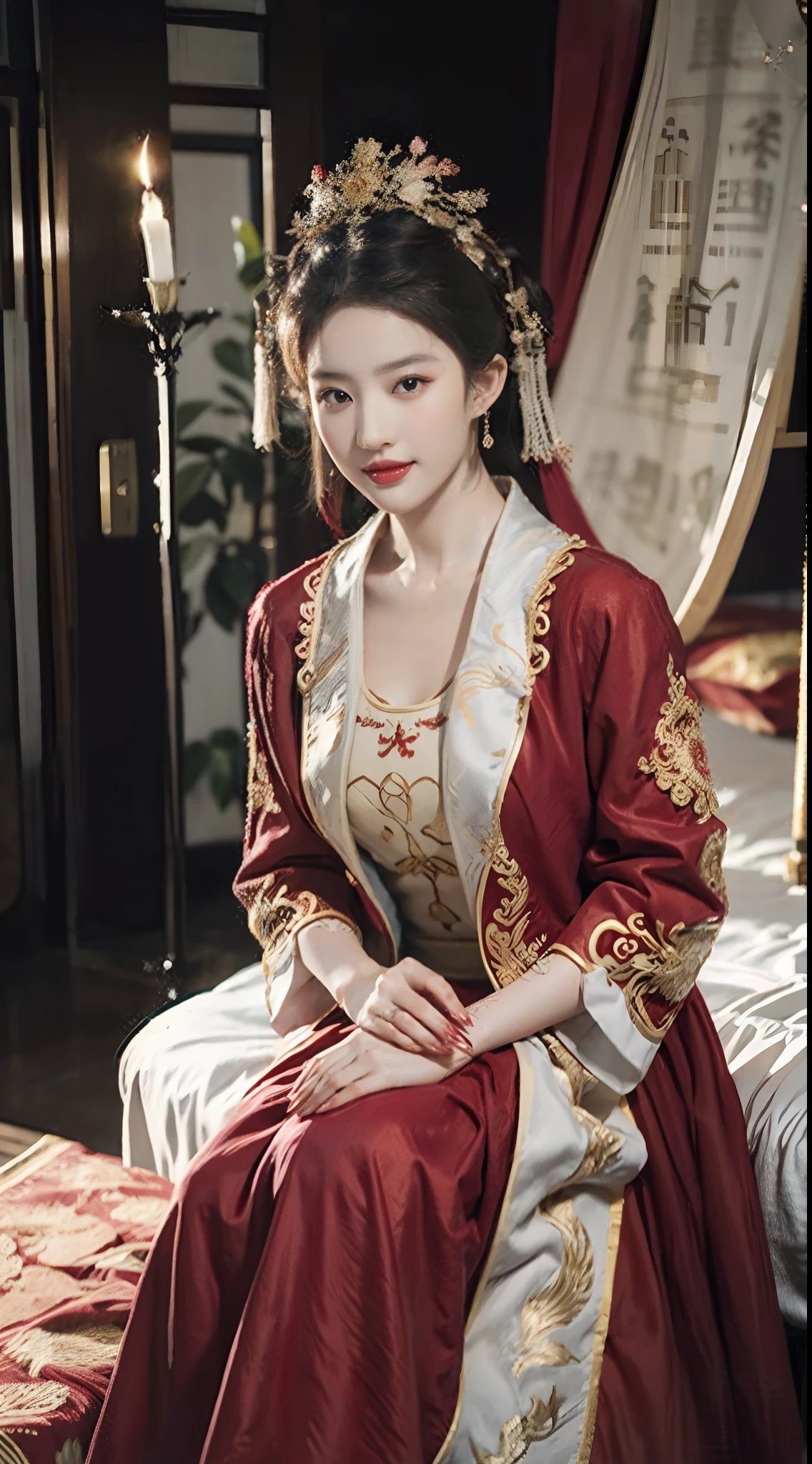 (High quality, 8k, HDR), (masterpiece:1.2), (best quality:1.4), (ultra high res:1.2),(RAW photo:1.2), (sharp focus:1.3), (face focus:1.2), perfect artwork, delicate patterns, intricate details, (extremely complex: 1.2), a woman in a red and gold dress, phoenix crown, hair stick, (sitting on a red bed), makeup, blush, shyness, black_hair, looking down, cosmetics, (forehead point), (2 red candles), Chinese_clothes, curtains, earrings, hair_ornament,hanfu, interior, jewelry, red nails, long_sleeves, red dress, red lips, tassels, (red quilt), (red palace: 1.2), (ancient Chinese architecture), (red: 1.8), (Full Body),(cute face:1.15),(huge breasts:1.6),