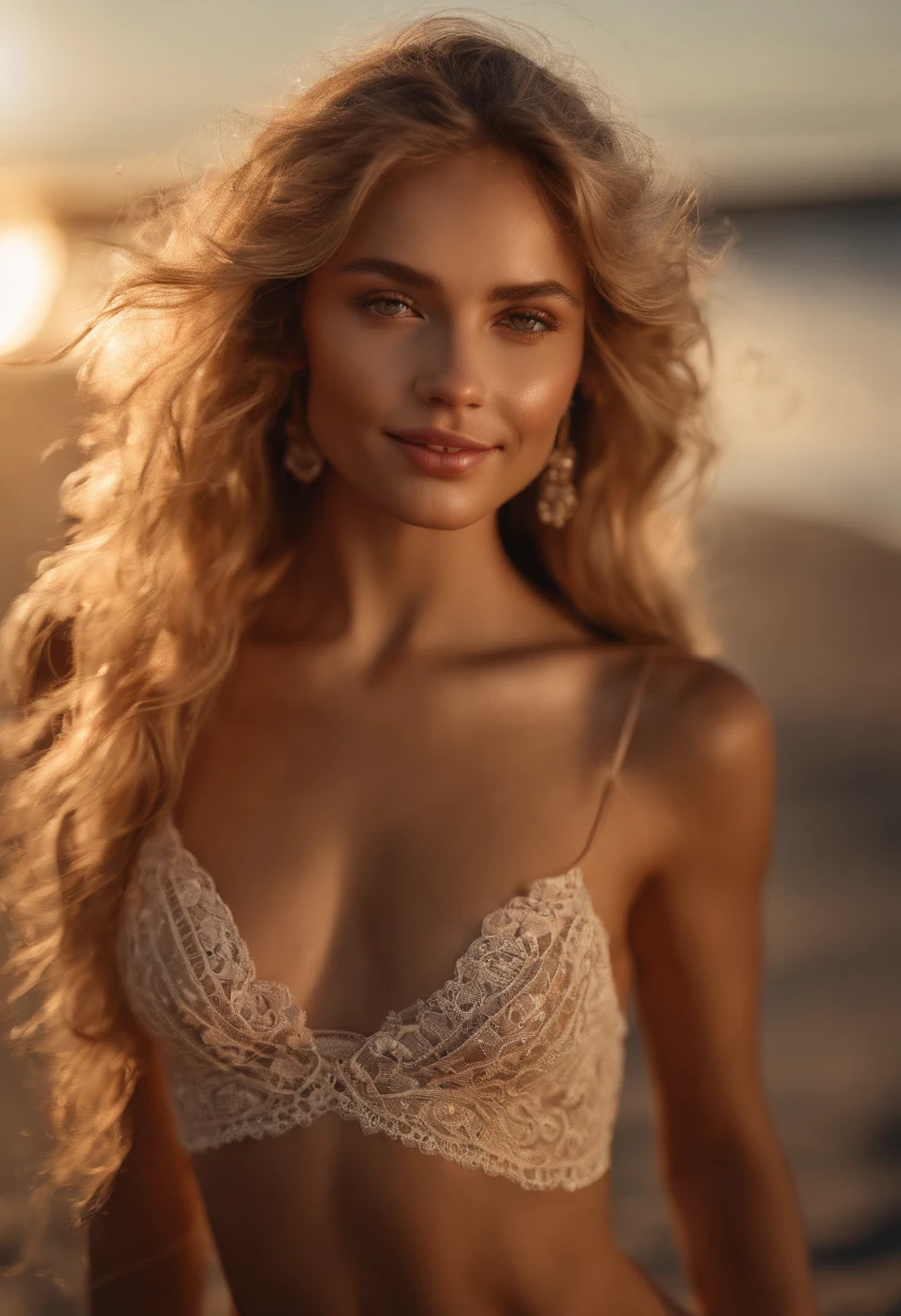 RAW, analog, Nikon Z 85mm,((best quality)), ((masterpiece)), ((realistic)),far fromthe camera image, gorgeous russian woman, blond, 18 year old, posing in a beach, wearing lingerie petite, smile with teeth showing, ((small breasts)), intricate details, highly detailed, sharp focus, professional, 4k, god rays, hand model, stunning brown eyes, petite,strong chin big ramus dnot defined jawline  huge strong cheekbones highset cheekbones big eyes. great face projection highres, detailed facial features, high detail, sharp focus, smooth, extremely detailed, photo_\(ultra\), photorealistic, realistic, post-processing, max detail, roughness, real life, ultra realistic, photorealism, 8k uhd, SEMI-SILHOUETTE light, slavic face, long blon hair, beautiful hair, real face face